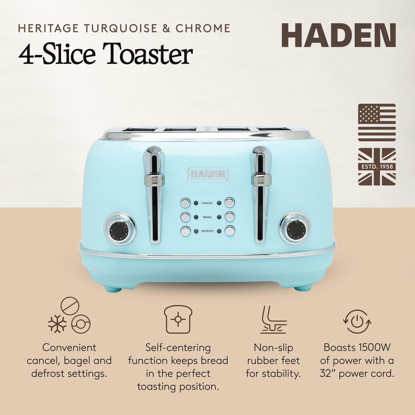 Haden Heritage 4 Slice Wide Slot Stainless Steel Toaster, Turquoise & Chrome - VMInnovations