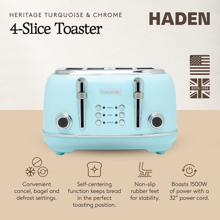 Haden Heritage 4 Slice Wide Slot Stainless Steel Toaster, Turquoise & Chrome - VMInnovations