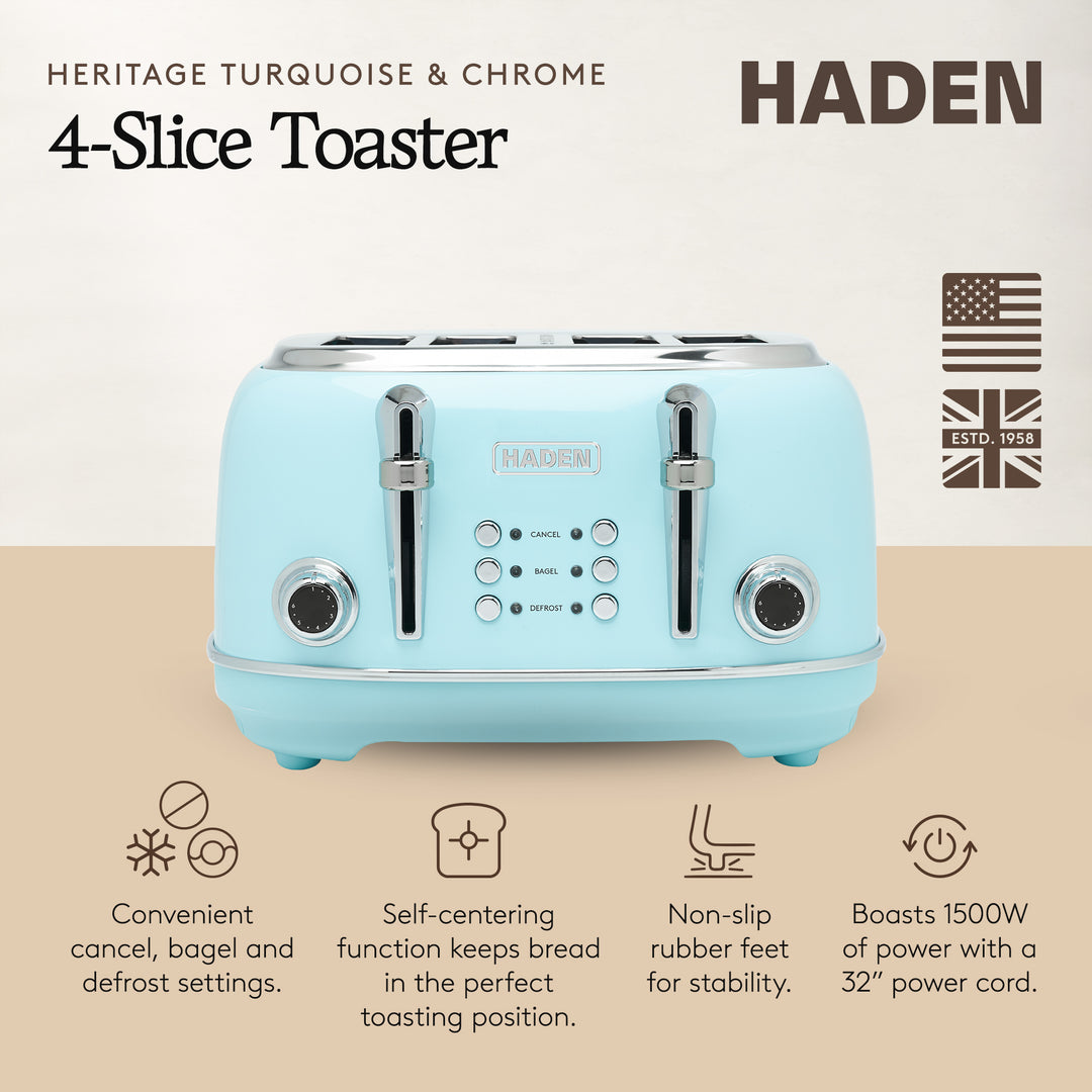 Haden Heritage 4 Slice Wide Slot Stainless Steel Toaster, Turquoise & Chrome - VMInnovations