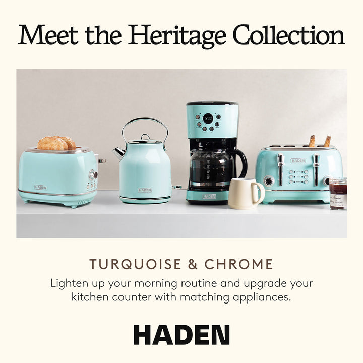 Haden Heritage 4 Slice Wide Slot Stainless Steel Toaster, Turquoise & Chrome - VMInnovations
