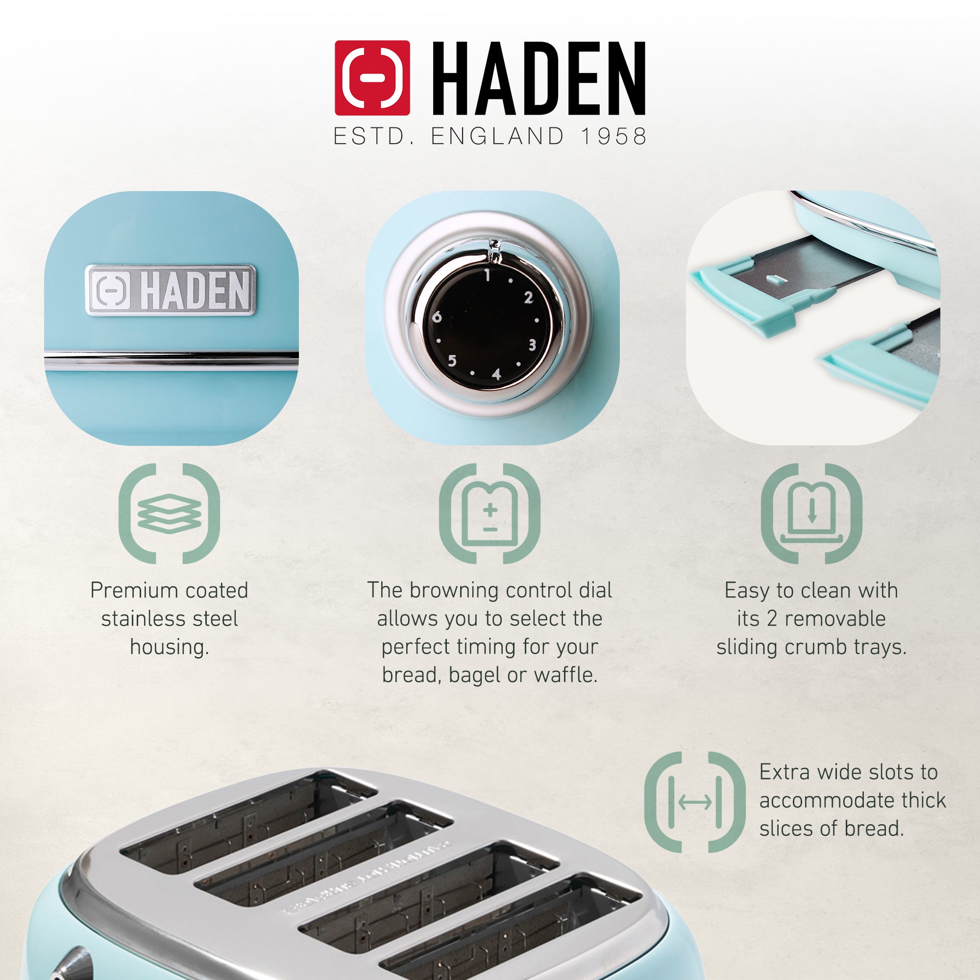 Haden Heritage 4-Slice Wide Slot Stainless Steel Body Toaster, Turquoise (Used) - VMInnovations