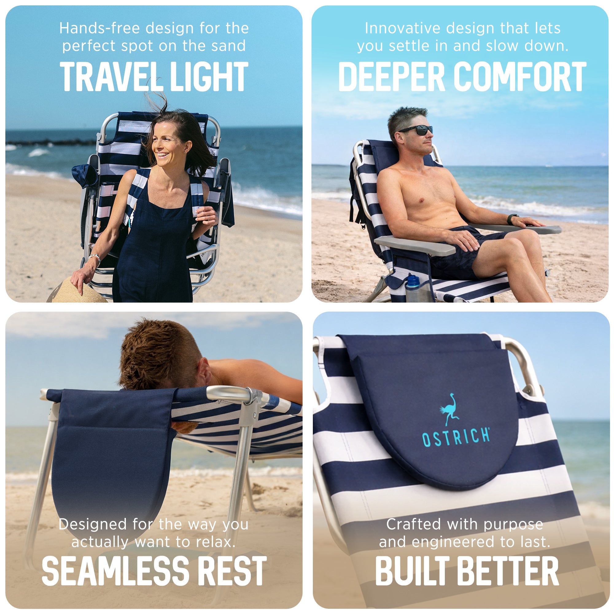 Ostrich On Your Back Sand Chair and On Your Back Sand Beach Chair, Striped Blue