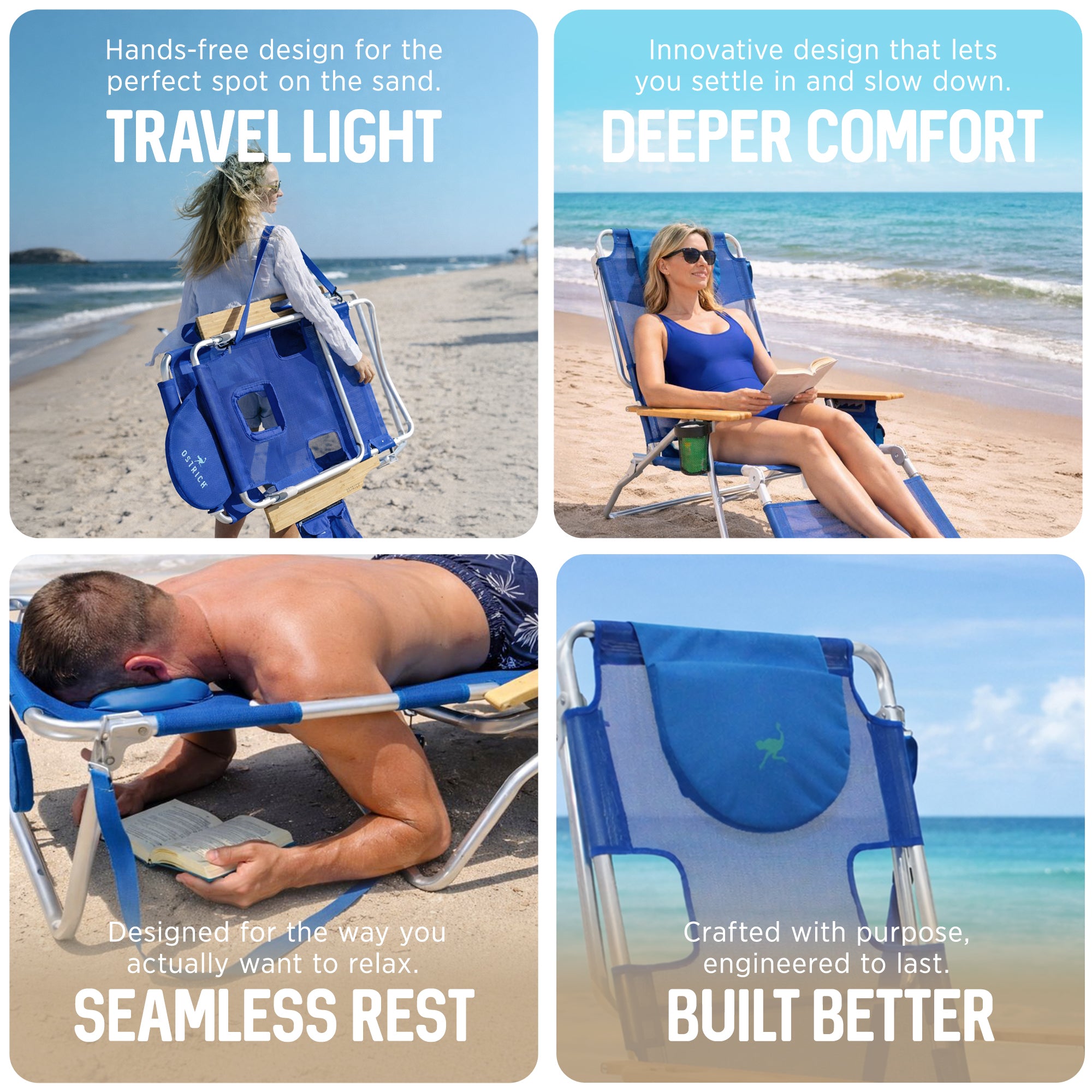 Ostrich Altitude 3N1 Outdoor Beach Lounge Chair with Footrest, Blue (Used) - VMInnovations