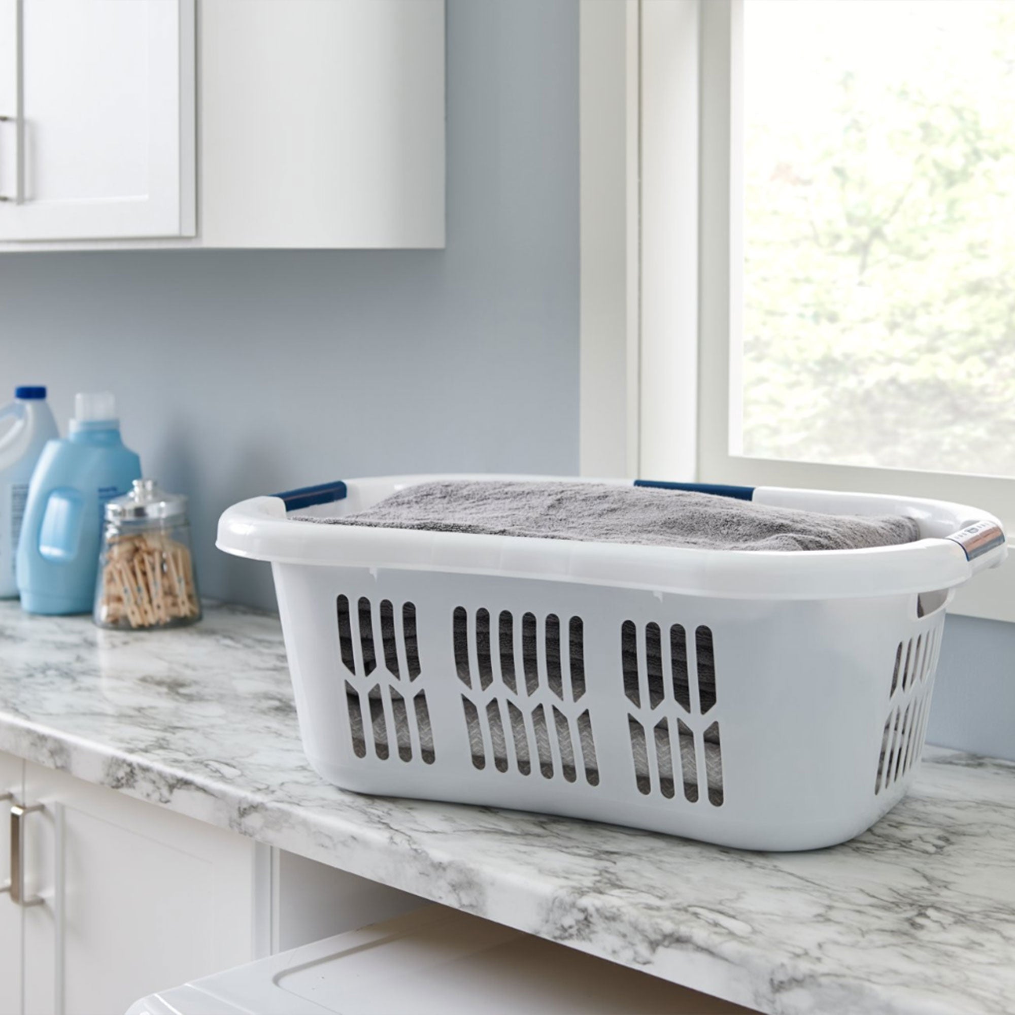 Rubbermaid Small Laundry Basket 2.1 Bushel Hip-Hugger Plastic Bin, White, 4 Pack