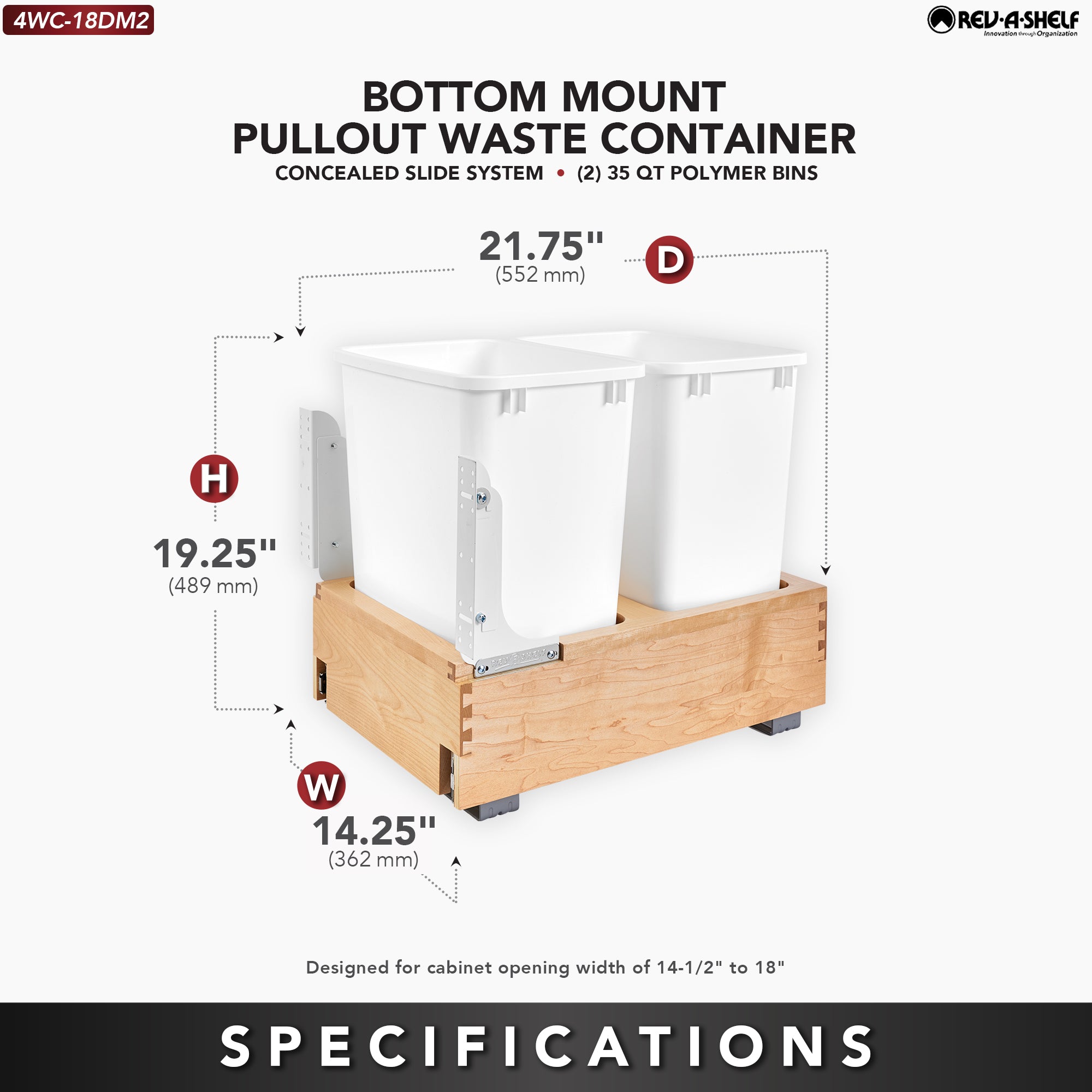 Rev-A-Shelf Double 35 qt. Maple Bottom Mount Pullout Waste Container,4WC-18DM2 - VMInnovations