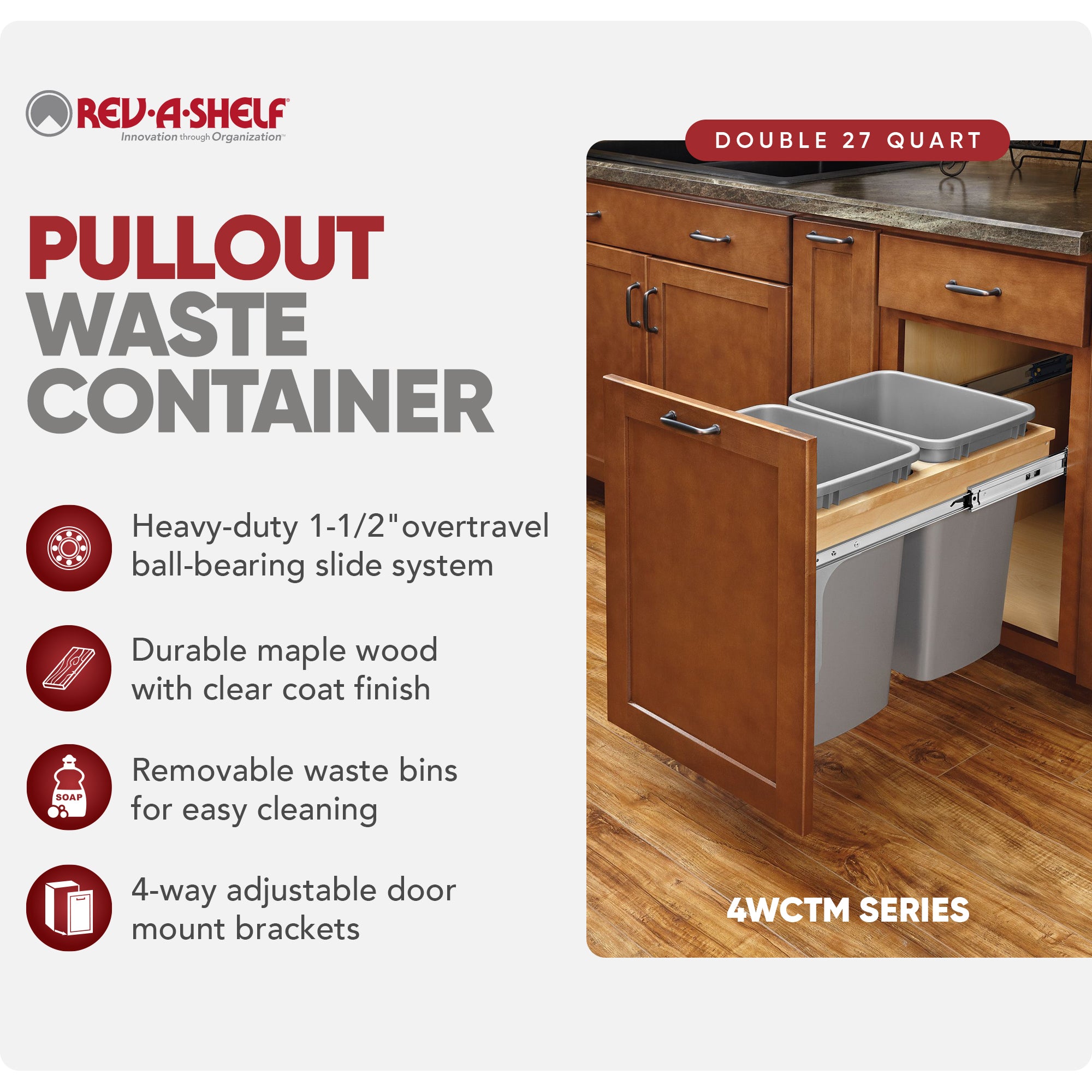 Rev-A-Shelf Pullout Top Mount Trash Can w/ Soft-close, 27 qt., 4WCTM-15BBSCDM2 - VMInnovations