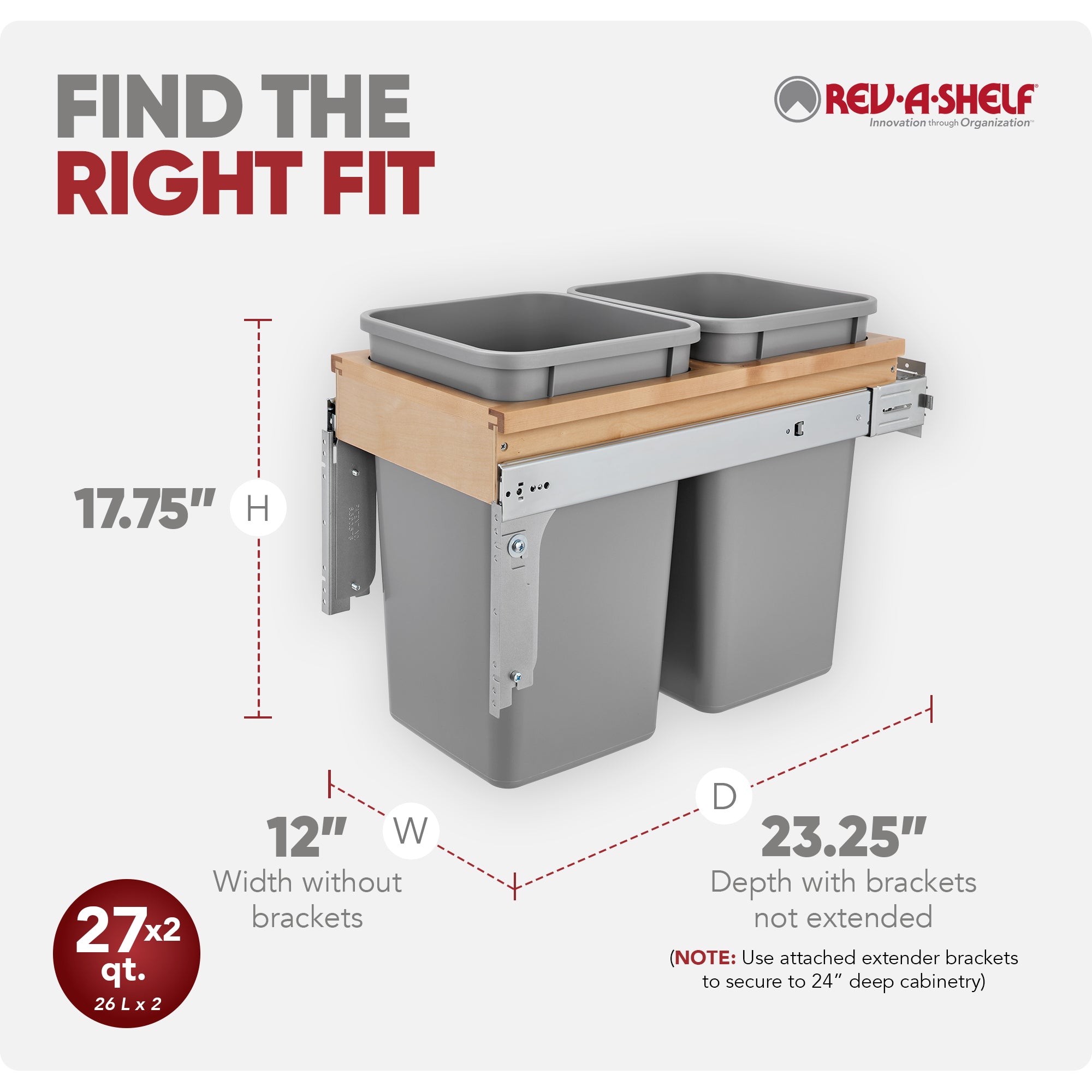 Rev-A-Shelf Pullout Top Mount Trash Can w/ Soft-close, 27 qt., 4WCTM-15BBSCDM2
