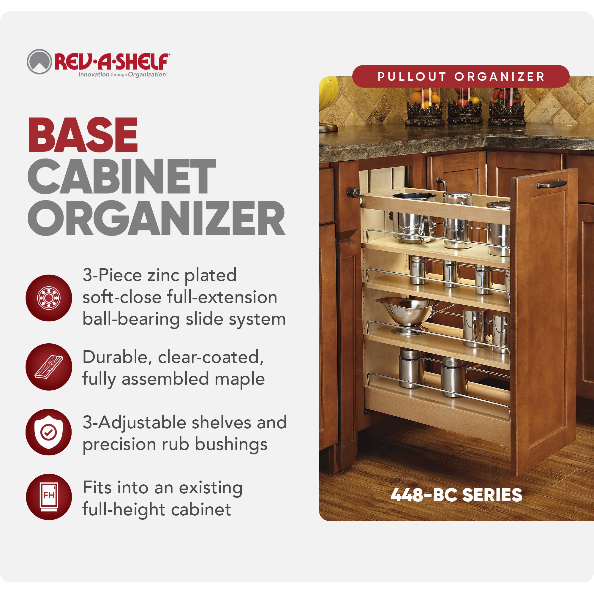 Rev-A-Shelf 8'' Pullout Kitchen Cabinet Organizer Soft-close, 448-BCBBSC-8C