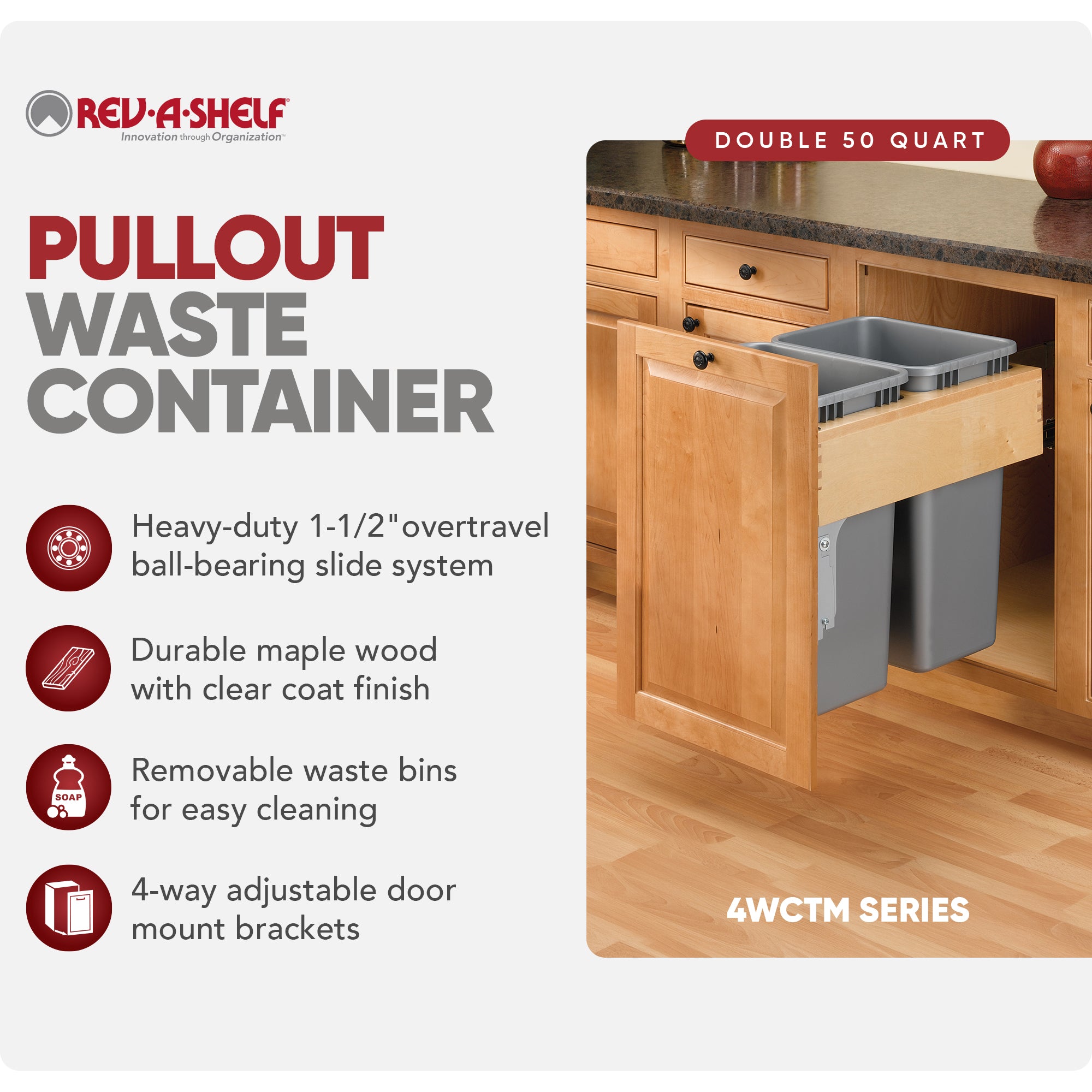 Rev-A-Shelf Pullout Top Mount Trash Can w/ Soft-close, 50 qt, 4WCTM-2150BBSCDM-2