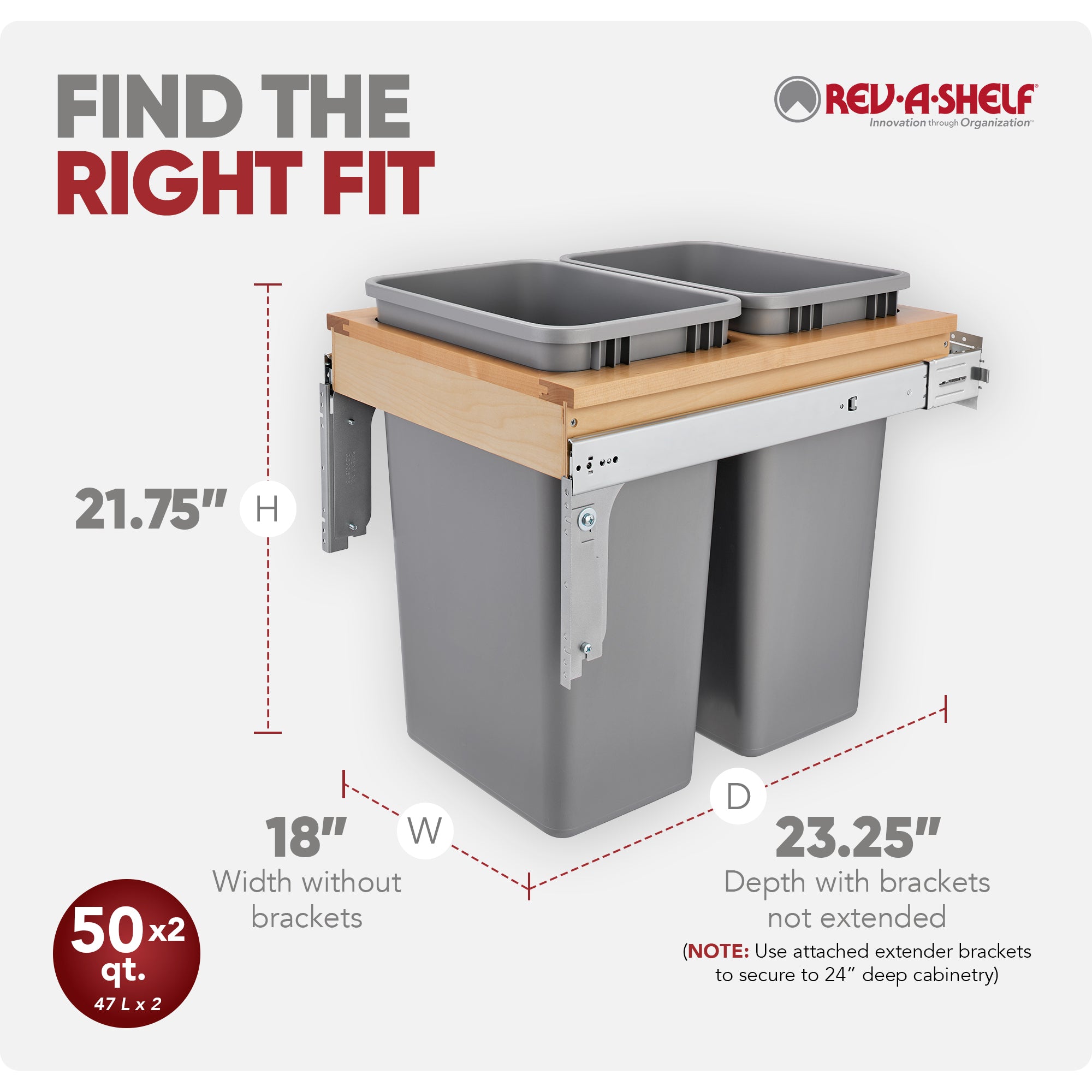 Rev-A-Shelf Pullout Top Mount Trash Can w/ Soft-close, 50 qt, 4WCTM-2150BBSCDM-2