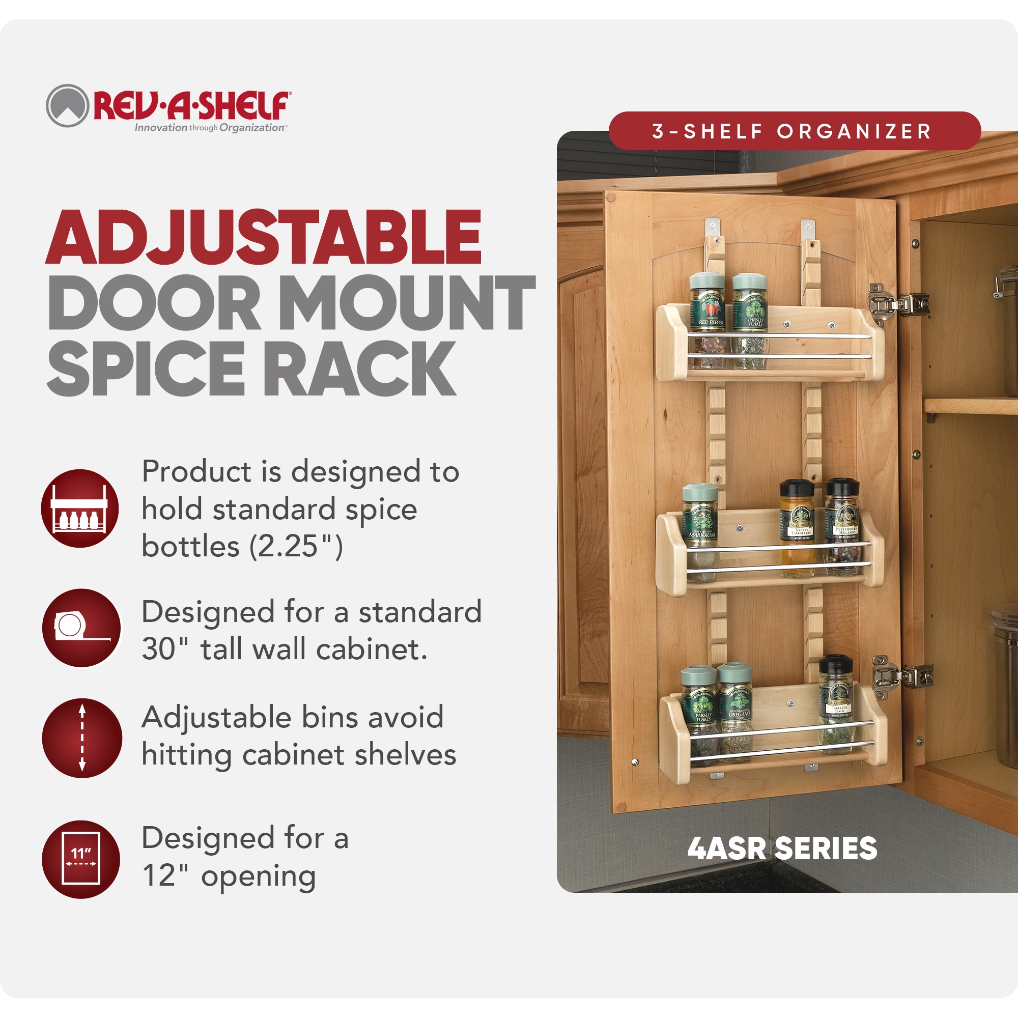 Rev-A-Shelf Small Adjustable 3-Shelf Cabinet Door Mount Spice Rack, 4ASR-15