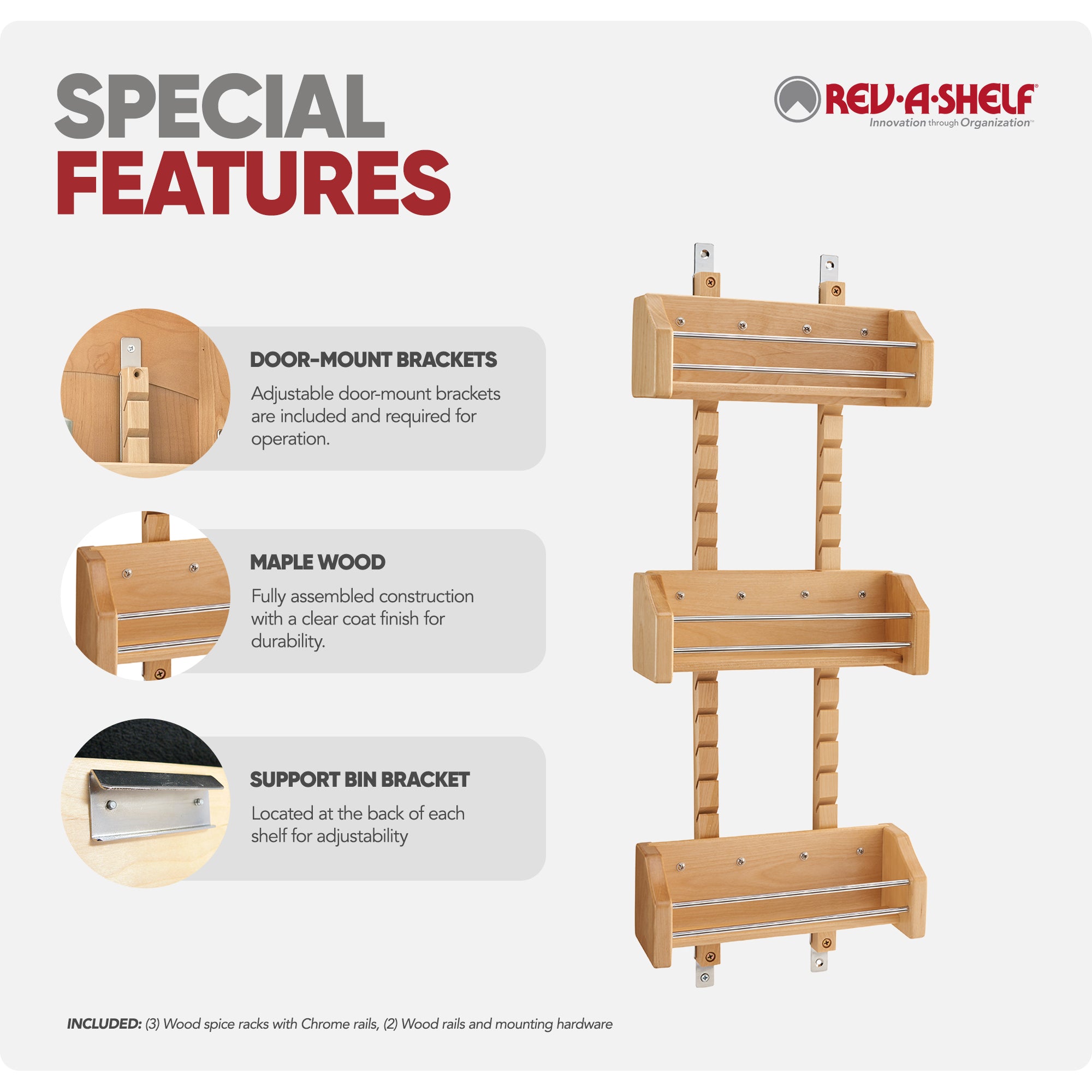 Rev-A-Shelf Small Adjustable 3-Shelf Cabinet Door Mount Spice Rack, 4ASR-15