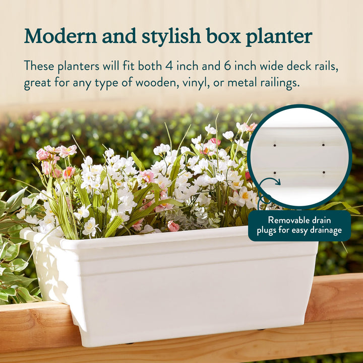 HC Companies 24 Inch Deck Rail Box Planter with Drainage Holes, 2 Pack, White - VMInnovations