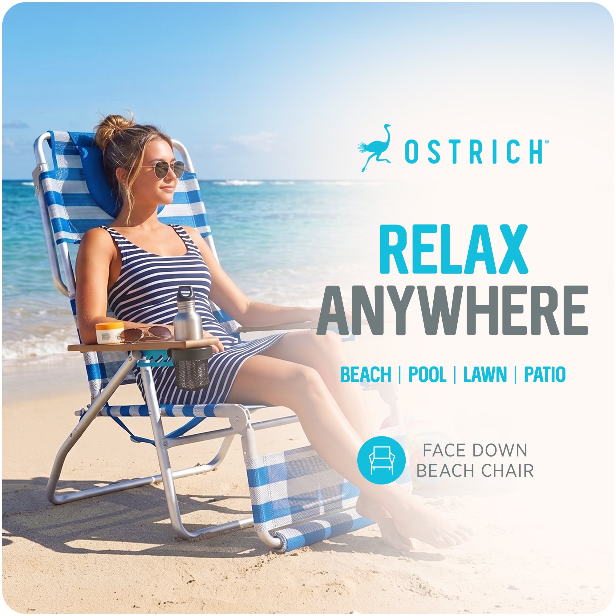 Ostrich The Altitude 3N1 High Back Outdoor Beach Lounge Chair w/Footrest, Stripe