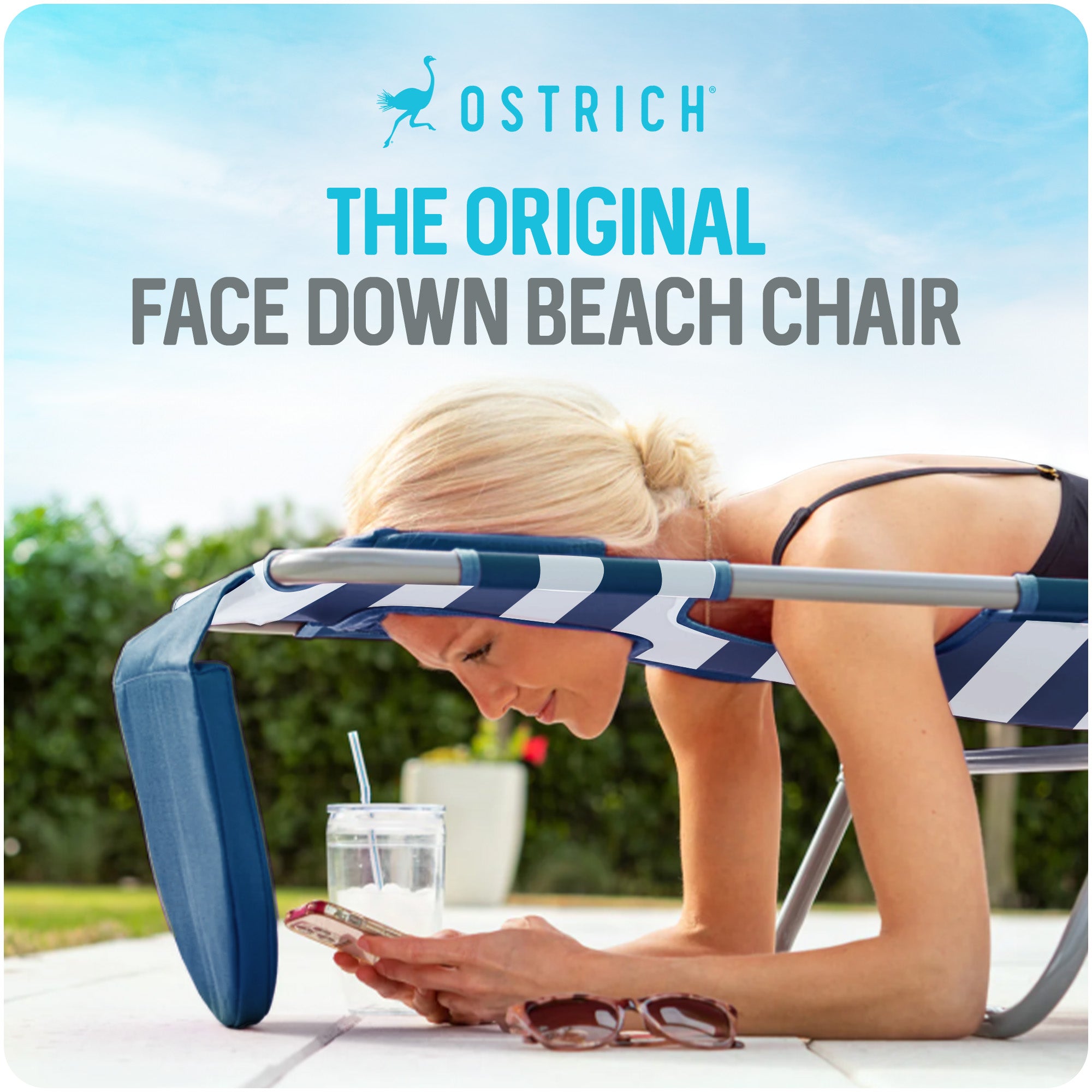 Ostrich The Altitude 3N1 High Back Outdoor Beach Lounge Chair w/Footrest, Stripe