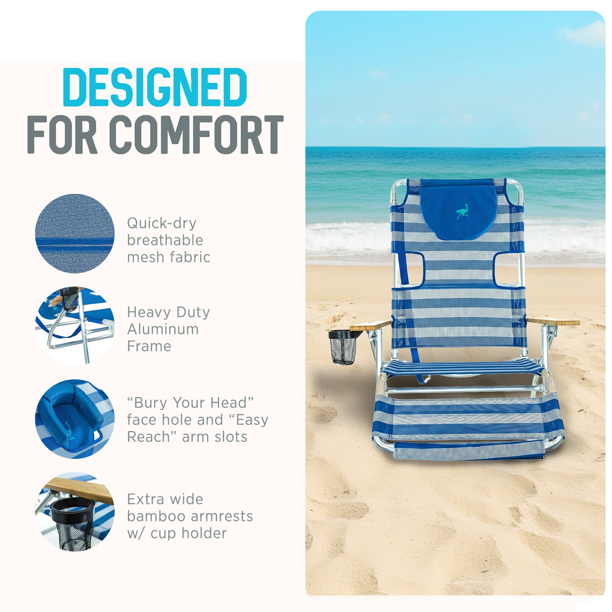 Ostrich The Altitude 3N1 High Back Outdoor Beach Lounge Chair w/Footrest, Stripe
