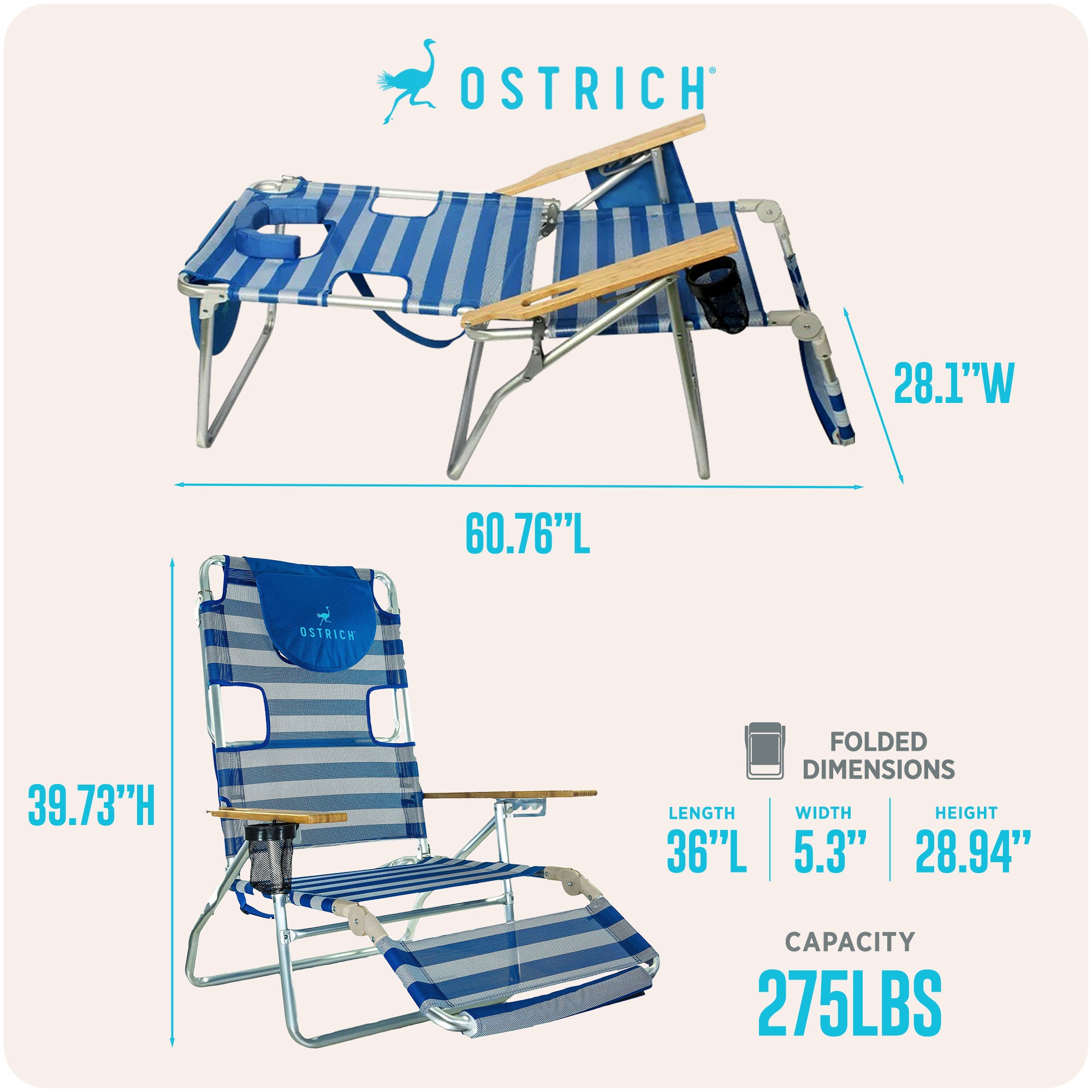Ostrich The Altitude 3N1 High Back Outdoor Beach Lounge Chair w/Footrest, Stripe