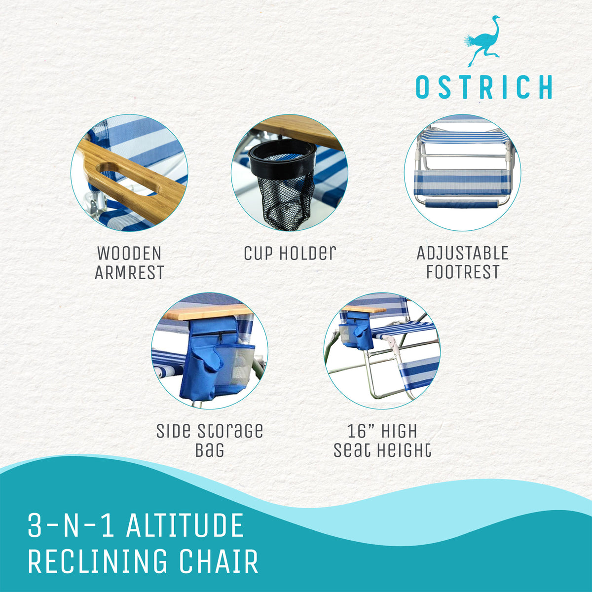 Ostrich Altitude 3N1 High Back Outdoor Lounge Chair, Stripe & Custom Fitted Towel
