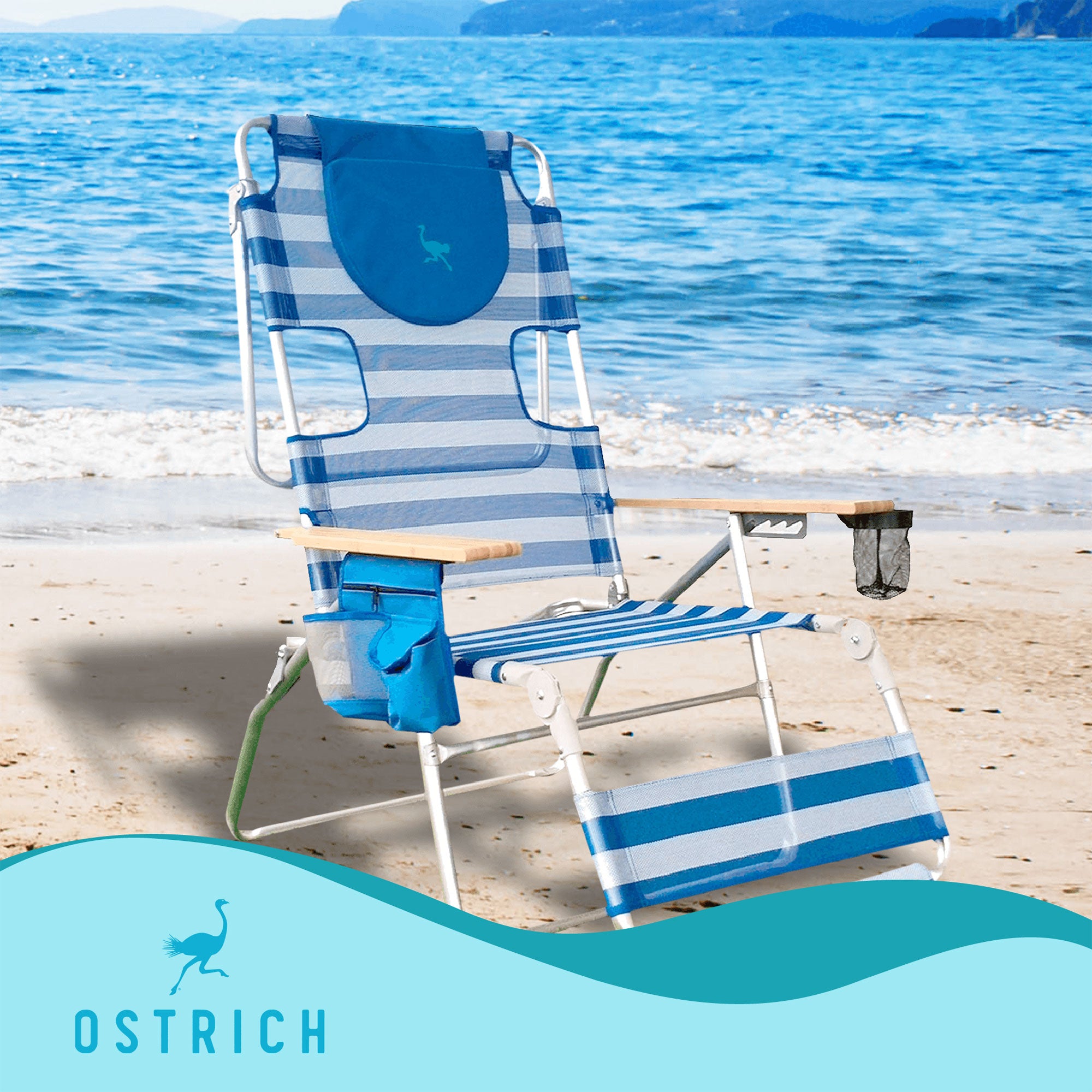 Ostrich Altitude 3N1 High Back Outdoor Lounge Chair, Stripe & Custom Fitted Towel