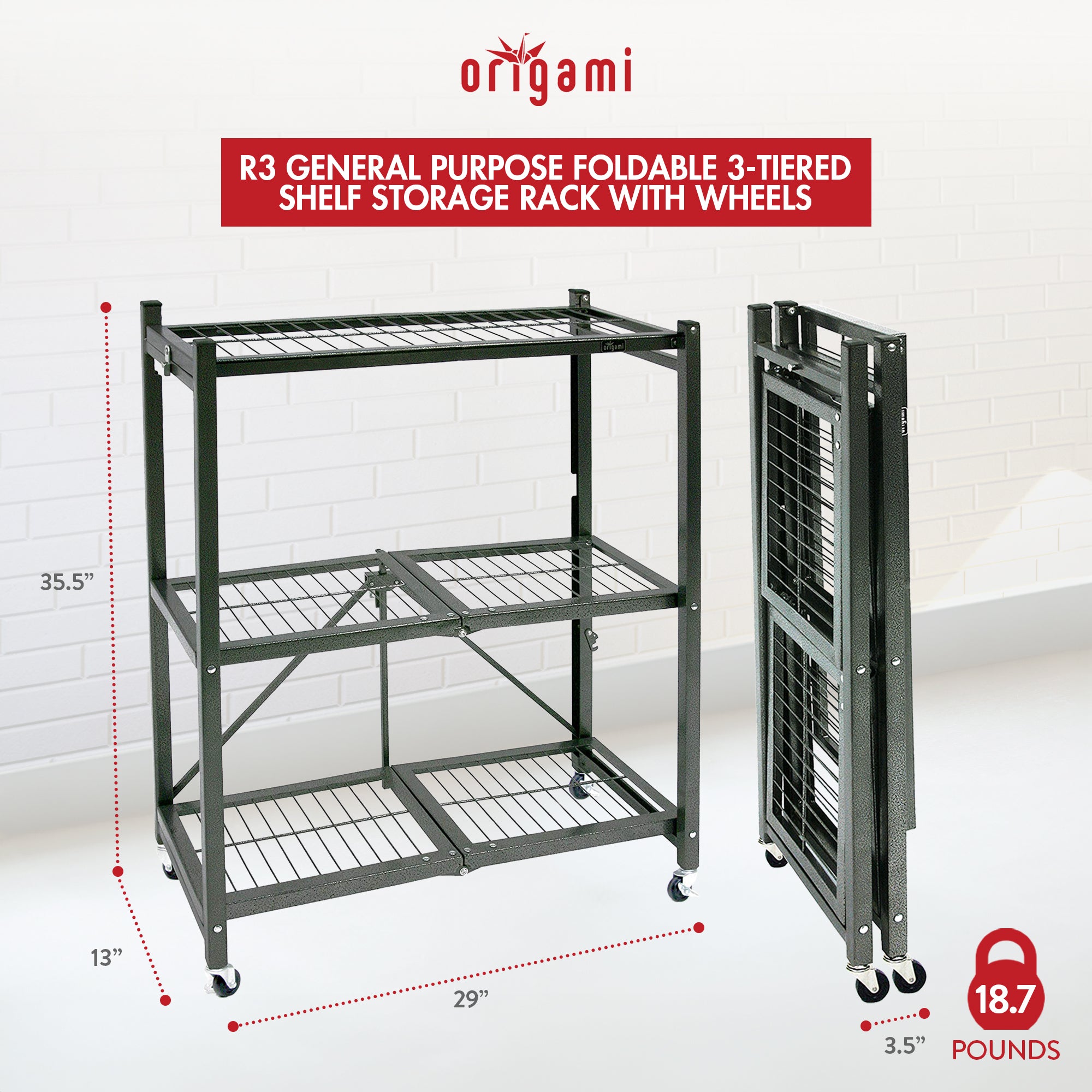 Origami R3 Foldable 3-Tiered Shelf Storage Rack & Wheels, Pewter (6 Pack)