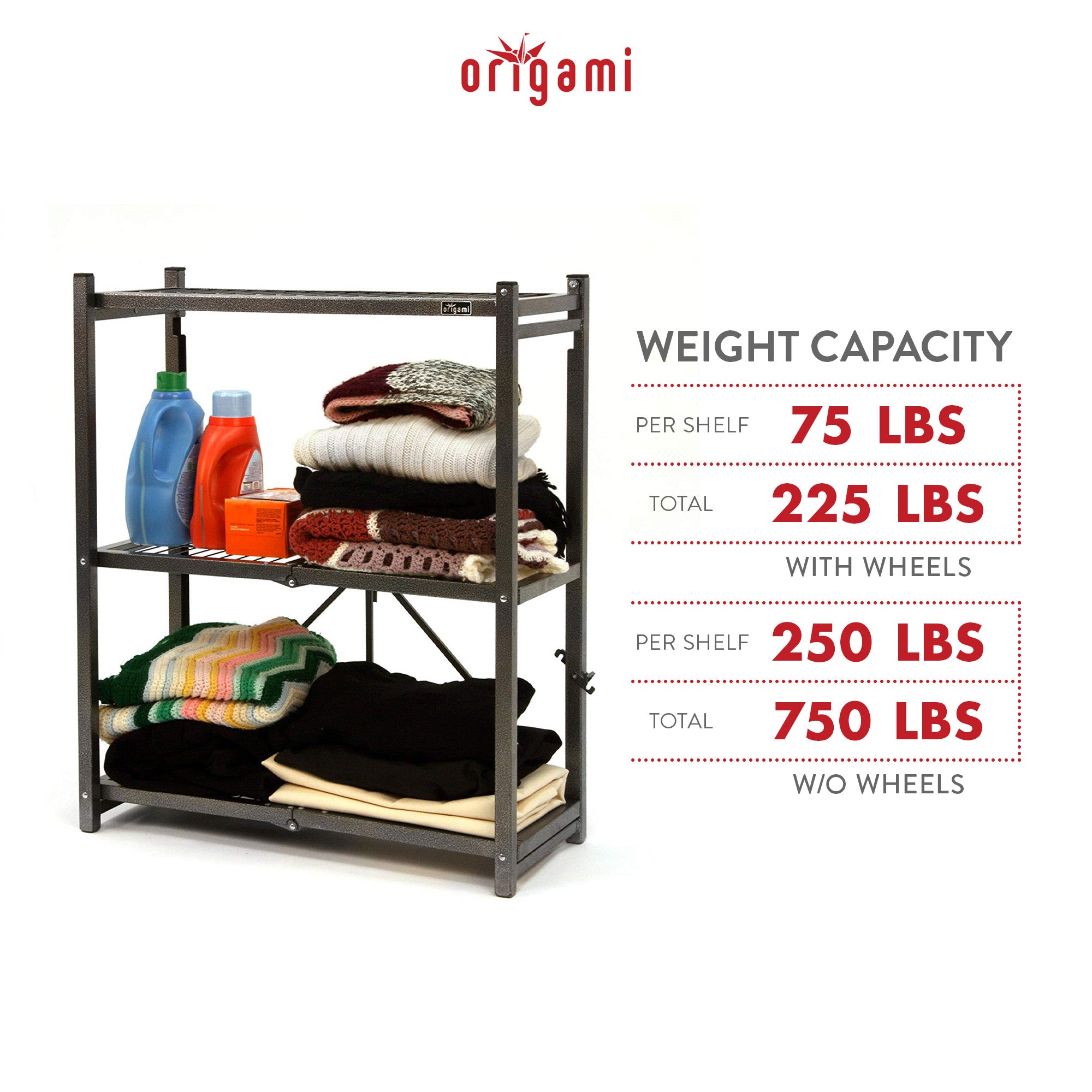 Origami R3 General Purpose Foldable 3-Tiered Shelf Storage Rack & Wheels, Pewter - VMInnovations