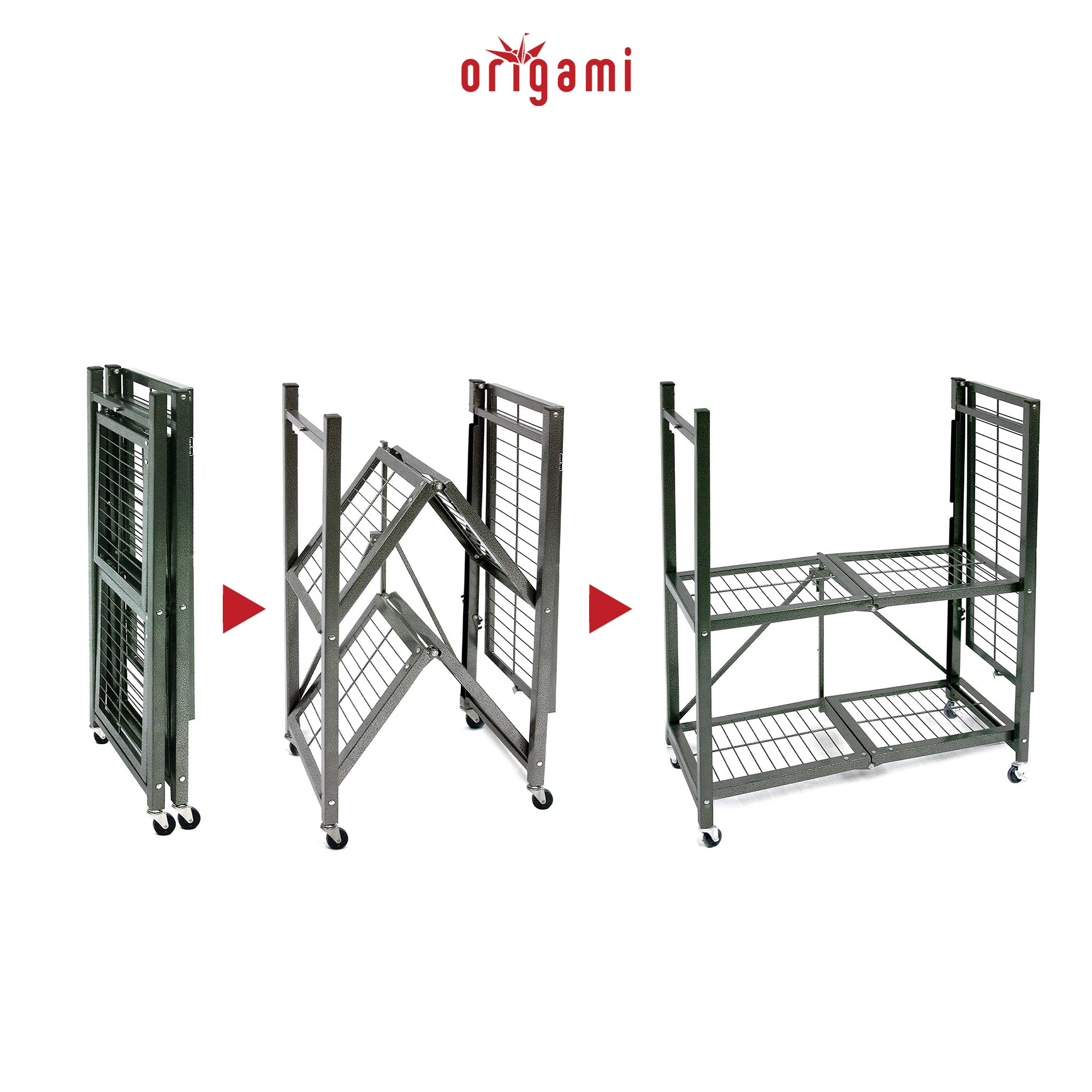 Origami R3 General Purpose Foldable 3-Tiered Shelf Storage Rack & Wheels, Pewter - VMInnovations