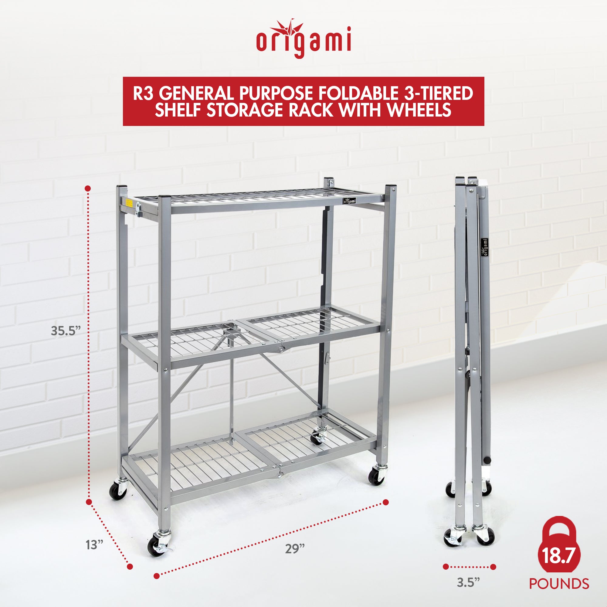 Origami R3 General Purpose Foldable 3-Tiered Shelf Storage Rack w/ Wheels, Small