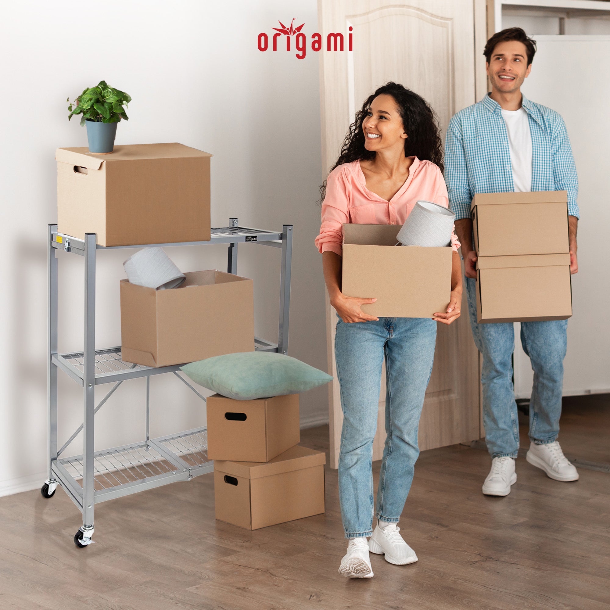 Origami R3 General Purpose Foldable 3-Tiered Shelf Storage Rack w/ Wheels, Small
