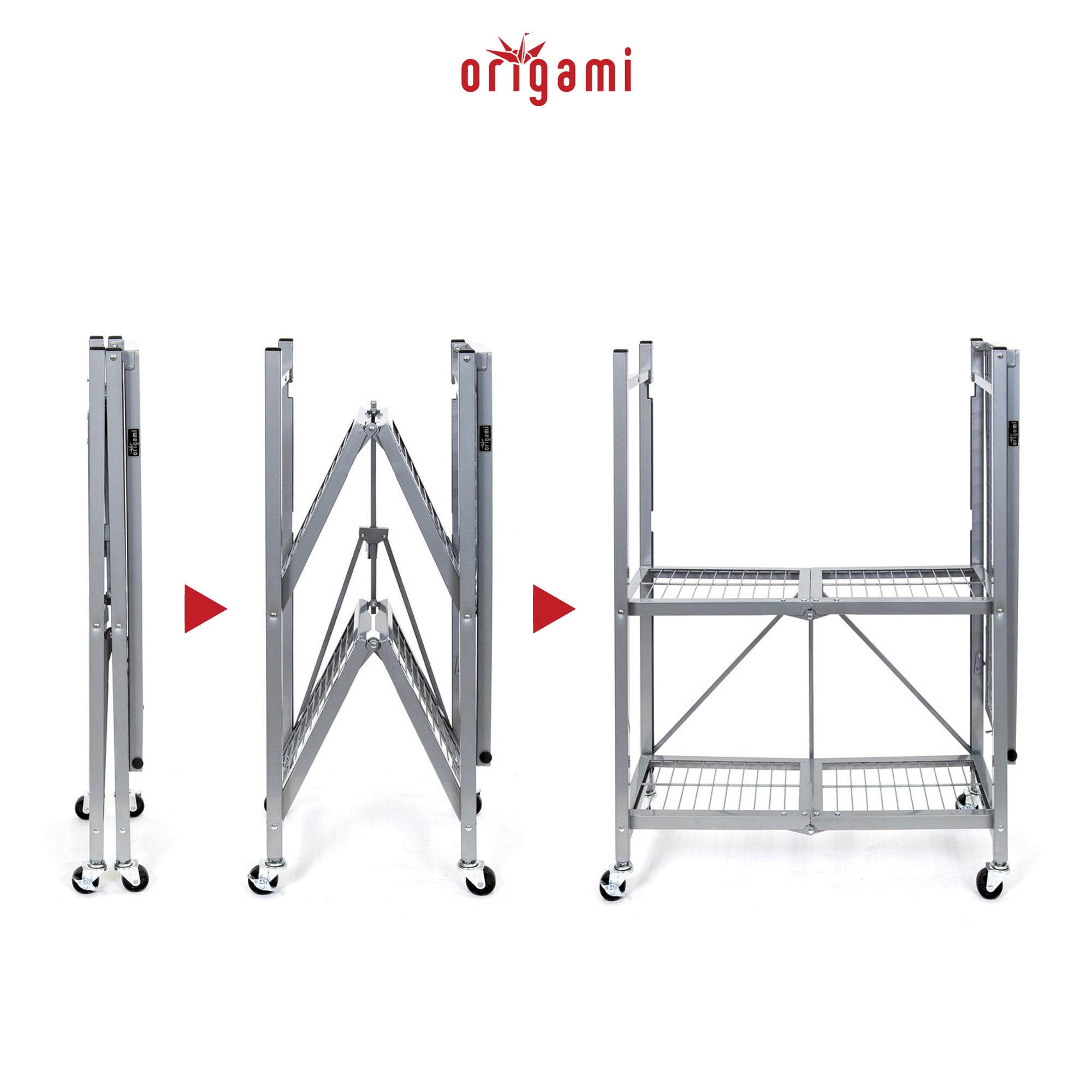 Origami R3 General Purpose Foldable 3-Tiered Shelf Storage Rack w/ Wheels, Small