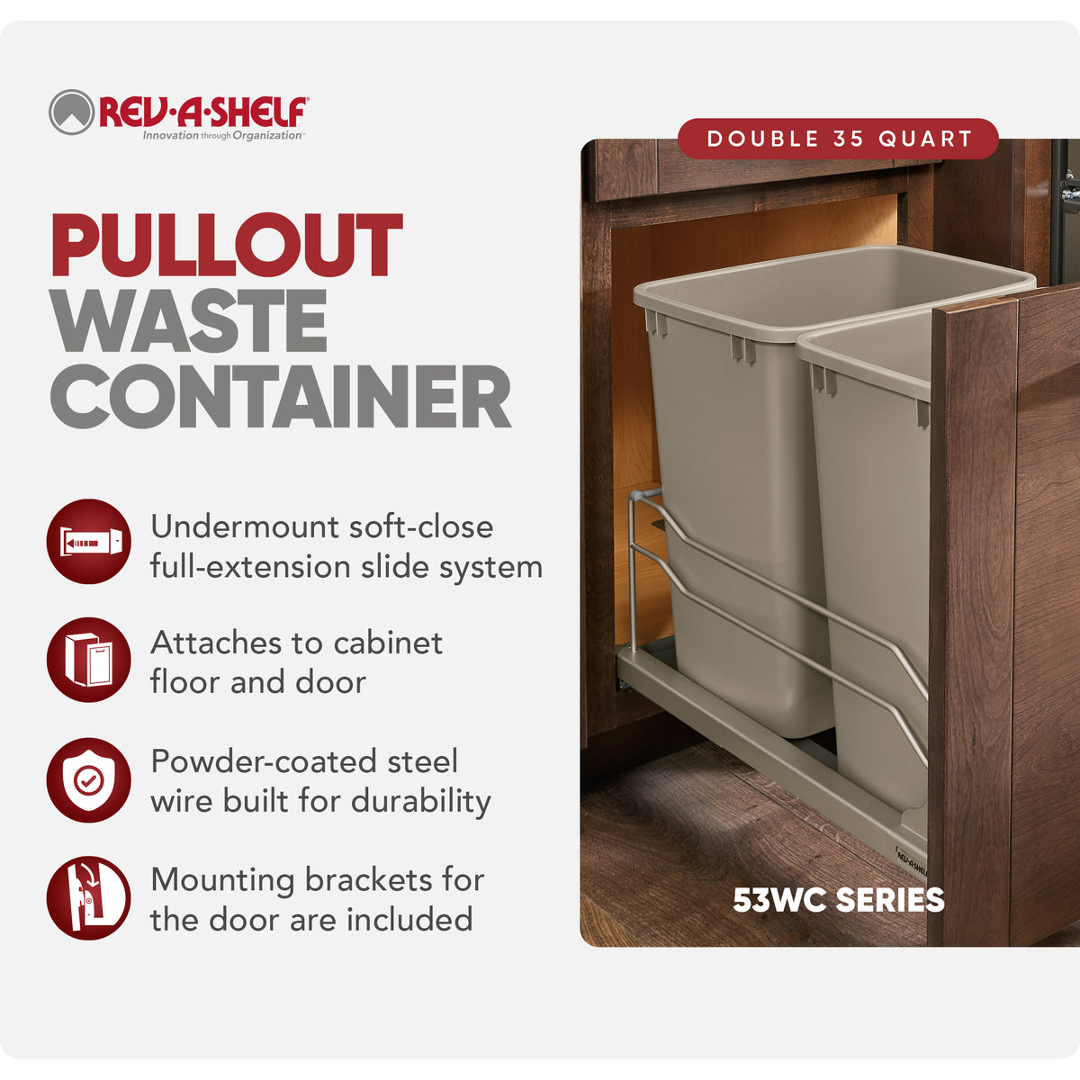 Rev-A-Shelf 53WC Double 35-Qrt Pullout Soft Close Waste Container (Open Box)