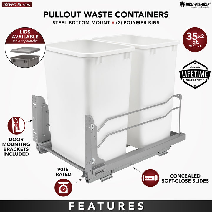 Rev-A-Shelf Double Pullout Trash Cans 35 qt. with Soft-close, 53WC-1835SCDM-212 - VMInnovations