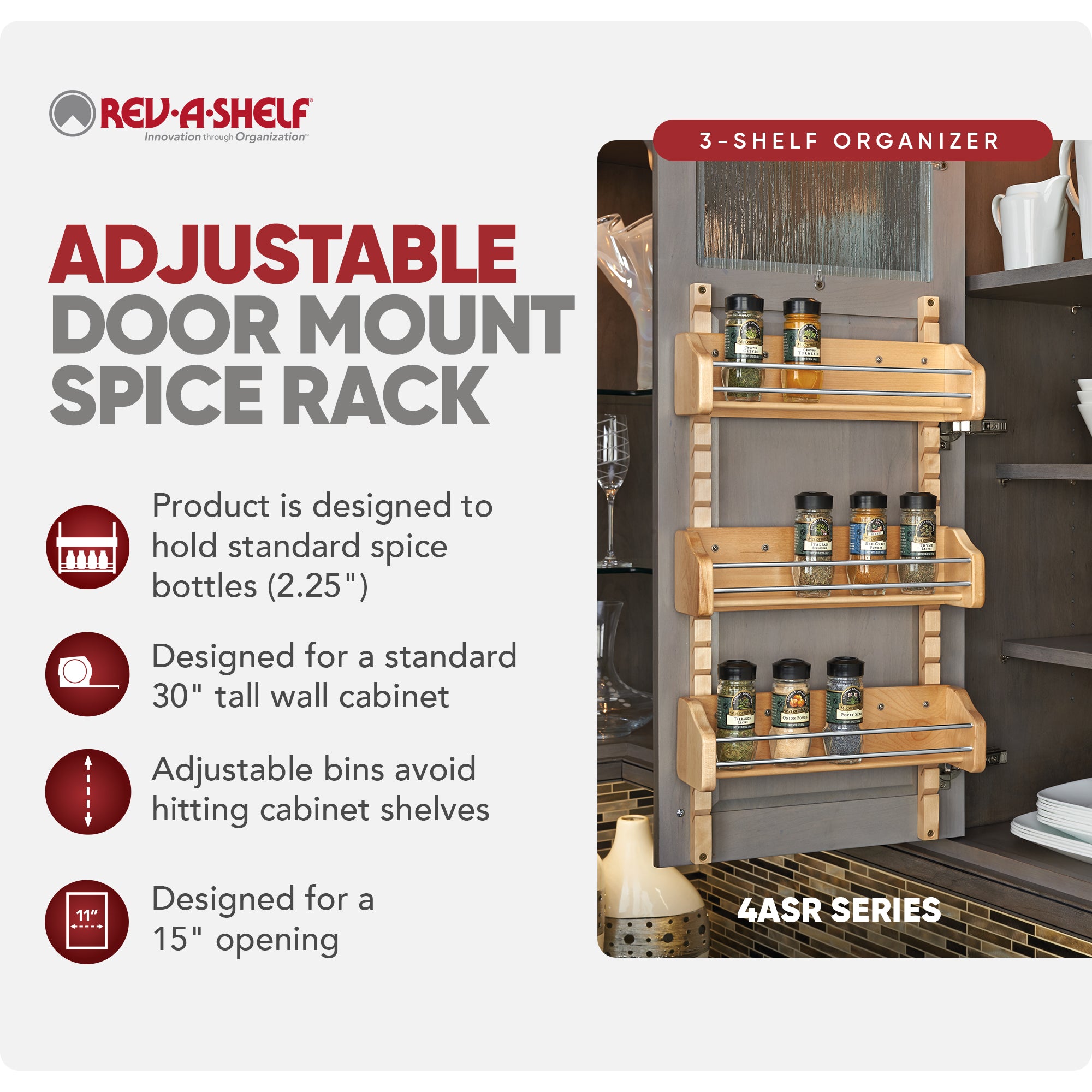 Rev-A-Shelf Medium Adjustable 3-Shelf Cabinet Door Mount Spice Rack, 4ASR-18