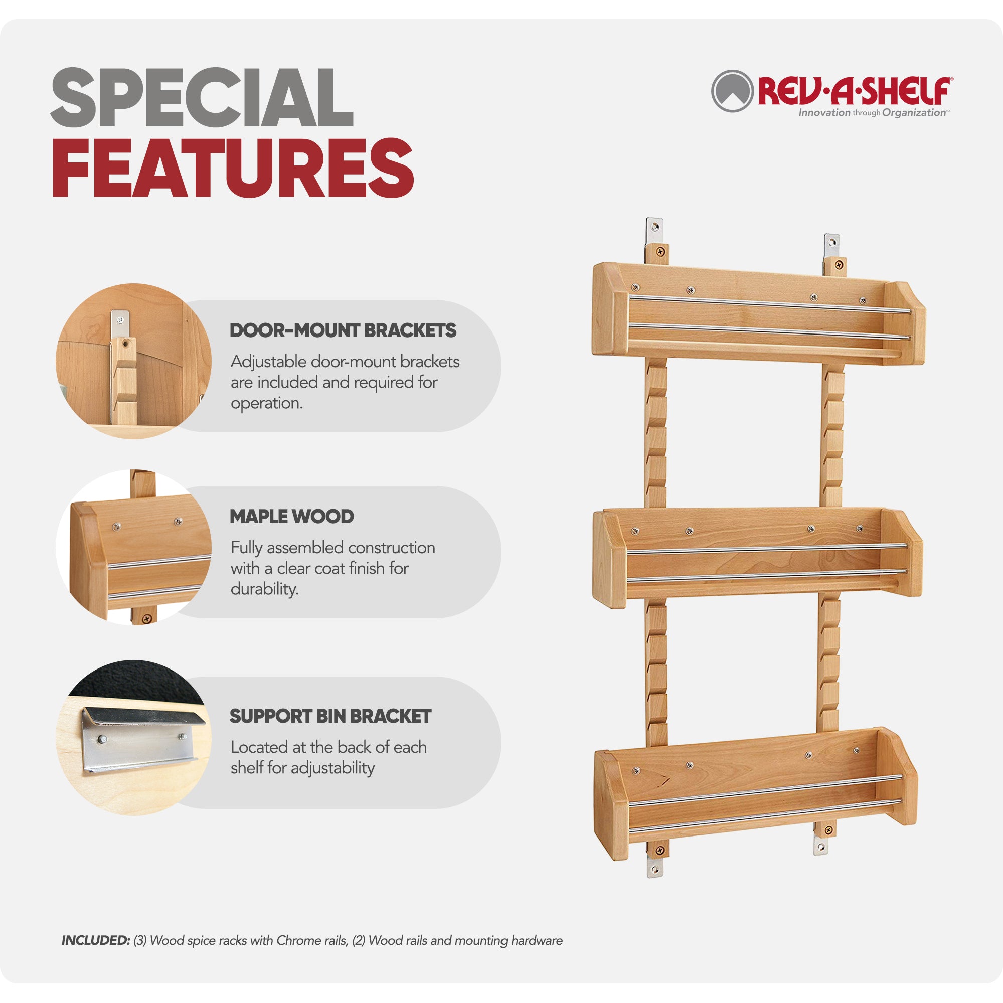 Rev-A-Shelf Medium Adjustable 3-Shelf Cabinet Door Mount Spice Rack, 4ASR-18