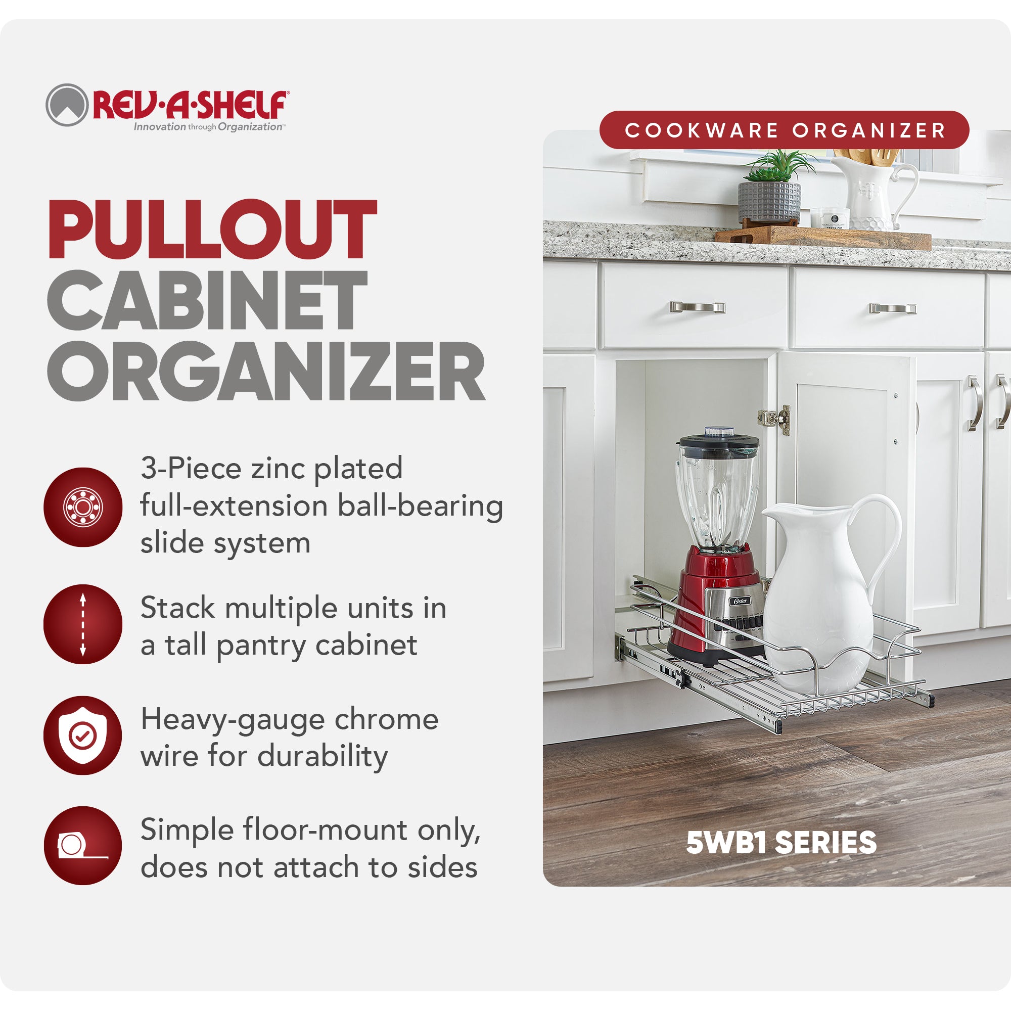 Rev-A-Shelf Pullout Single Basket Organizer for Kitchen Cabinets, 12 x 22 in, 5WB1-1222CR-1