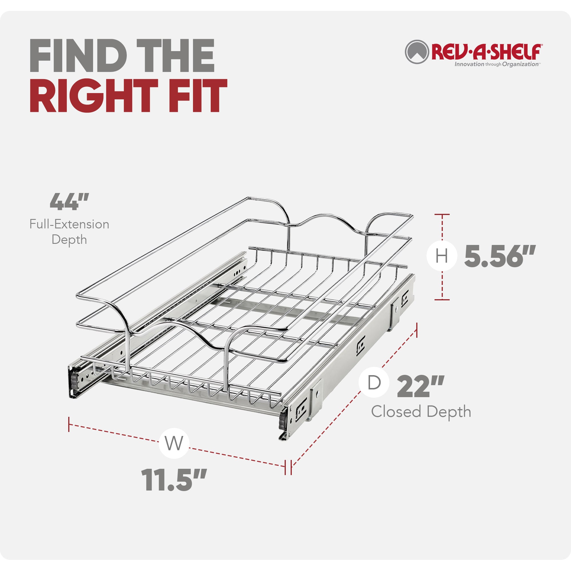 Rev-A-Shelf Pullout Single Basket Organizer for Kitchen Cabinets, 12 x 22 in, 5WB1-1222CR-1