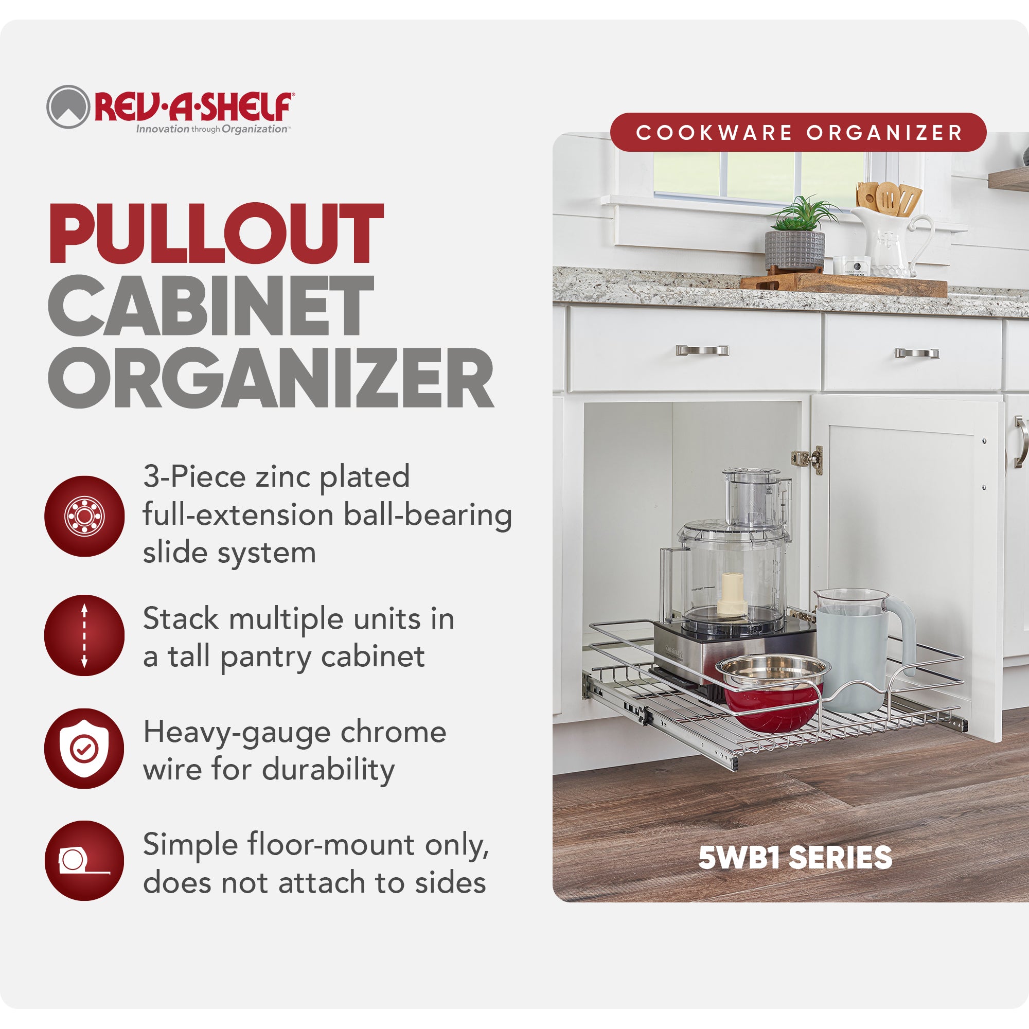 Rev-A-Shelf Pullout Basket Organizer for Kitchen or Vanity Cabinets, 15 x 20 In, 5WB1-1520CR-1