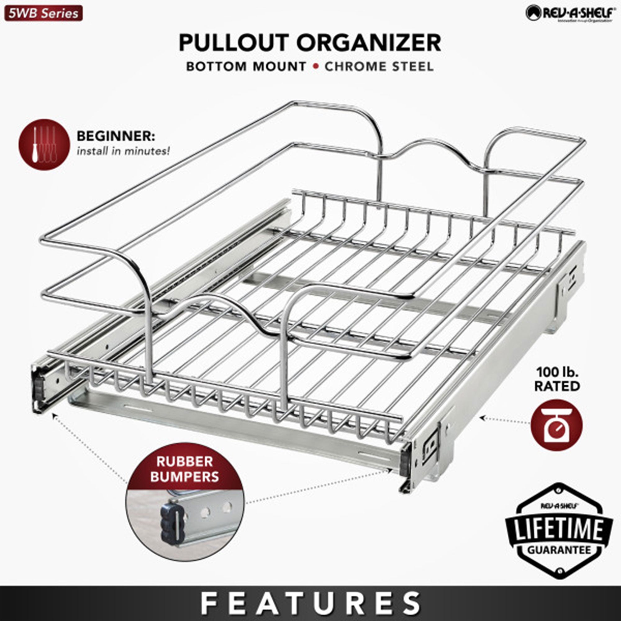 Rev-A-Shelf Pullout Single Basket Cabinet Organizer, 15 x 22, 5WB1-1522CR-1 - VMInnovations