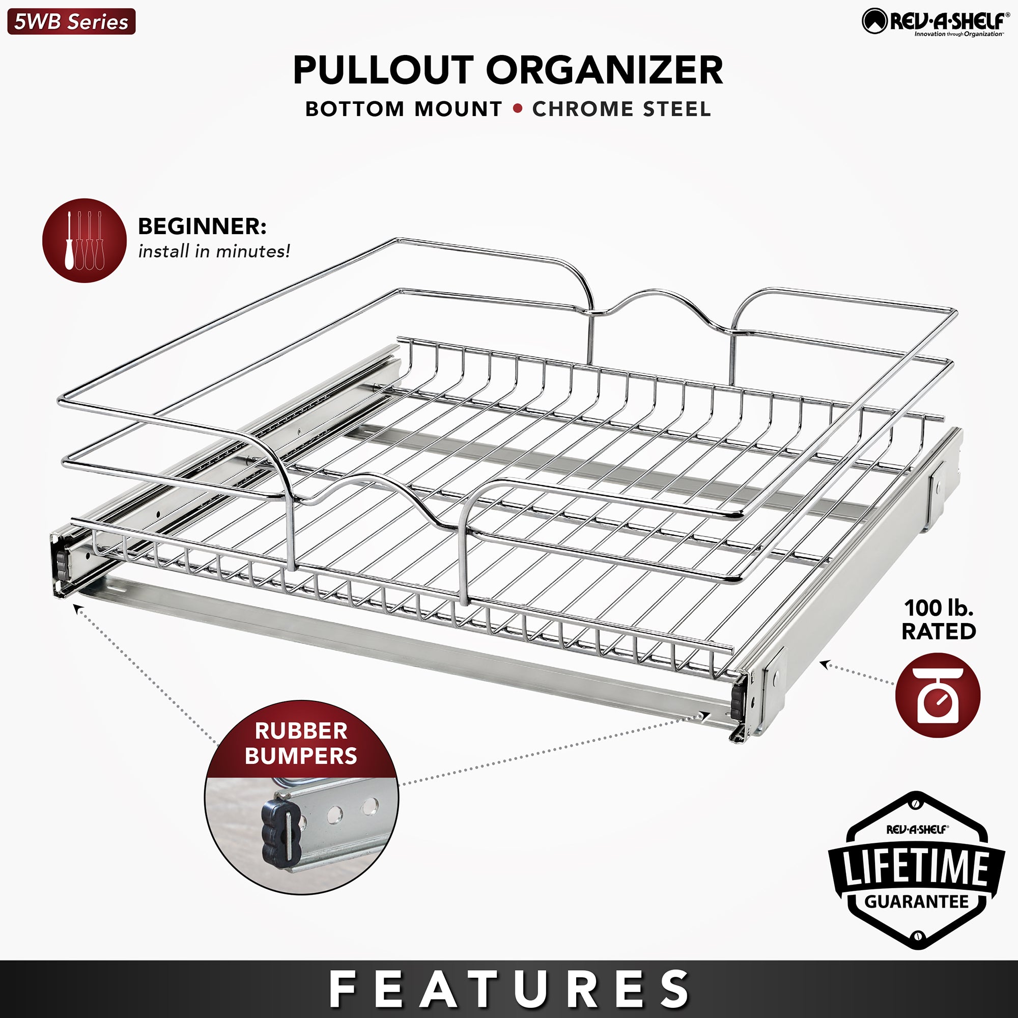 Rev-A-Shelf Pullout Basket Organizer for Kitchen or Vanity Cabinets, 21 x 20 In, 5WB1-2120CR-1 - VMInnovations