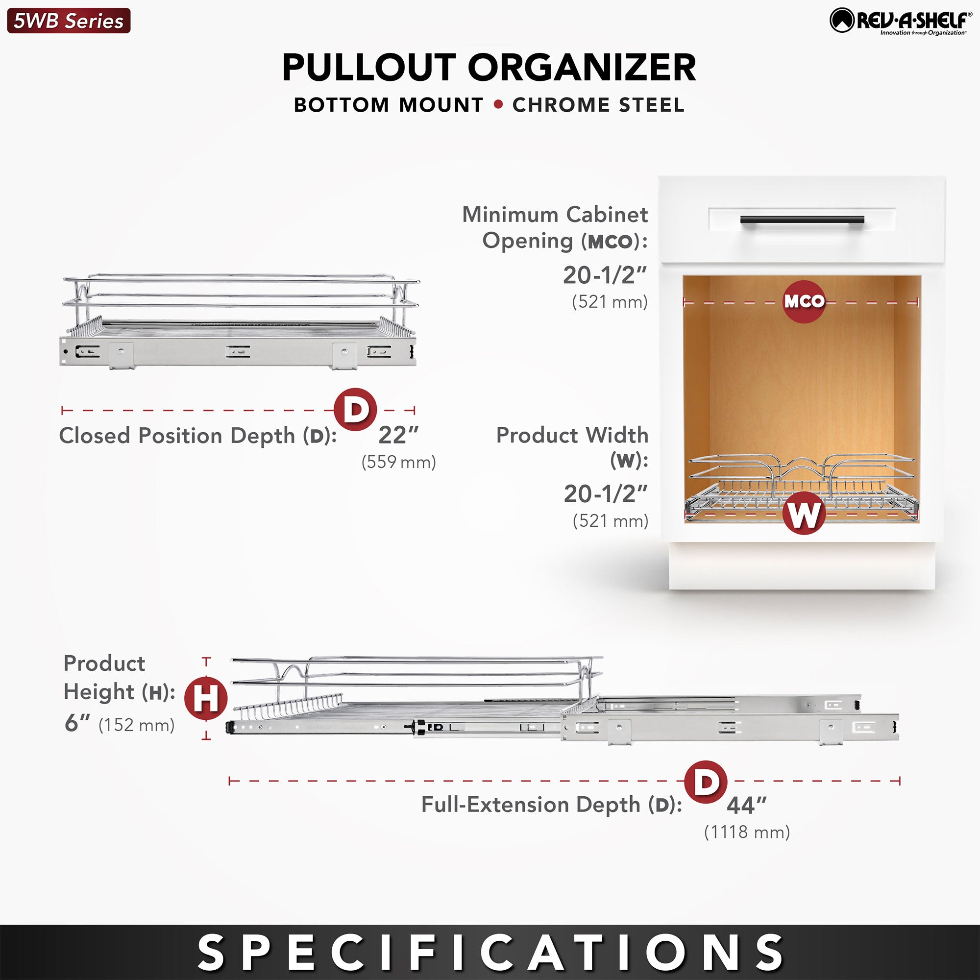 Rev-A-Shelf Pullout Single Basket Organizer for Kitchen Cabinets, 21 x 22 In, 5WB1-2122CR-1 - VMInnovations