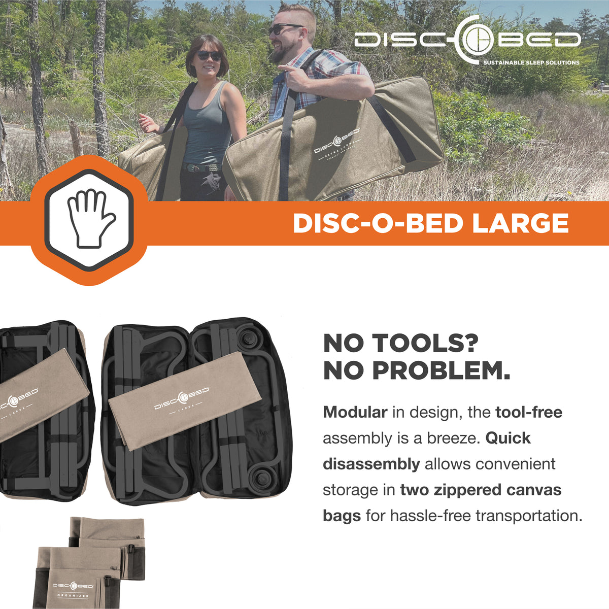 Disc-O-Bed Large Cam-O-Bunk Benchable Double Cot with Storage Organizers, Tan - VMInnovations