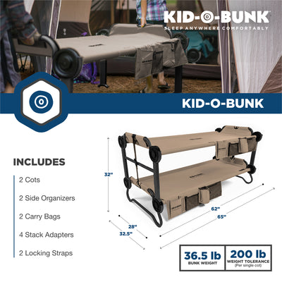 Disc-O-Bed Youth Kid-O-Bunk Benchable Double Cot with Storage Organizers, Tan