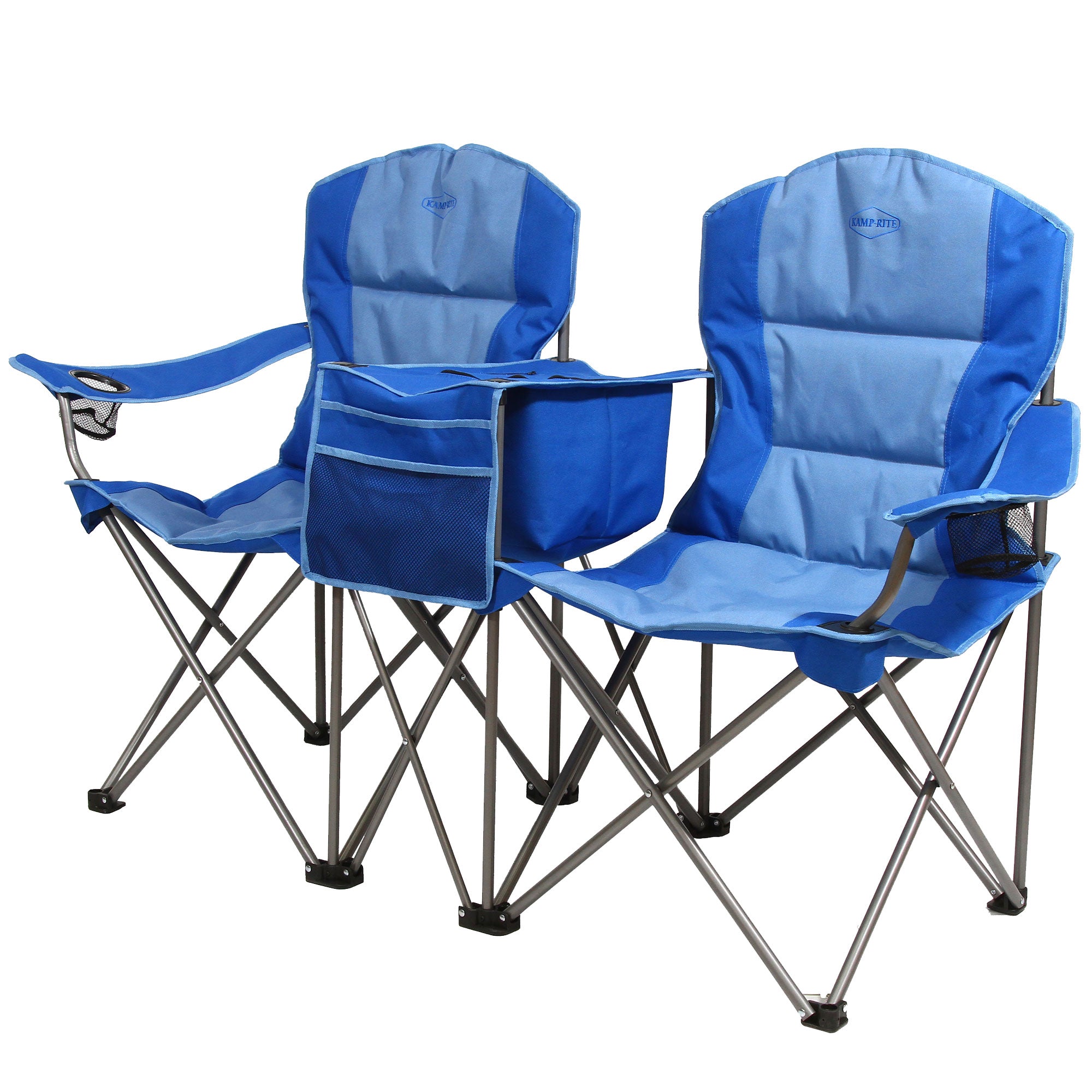 Kamp-Rite Portable Folding Padded Outdoor Double Camping Chair with Cooler, Blue