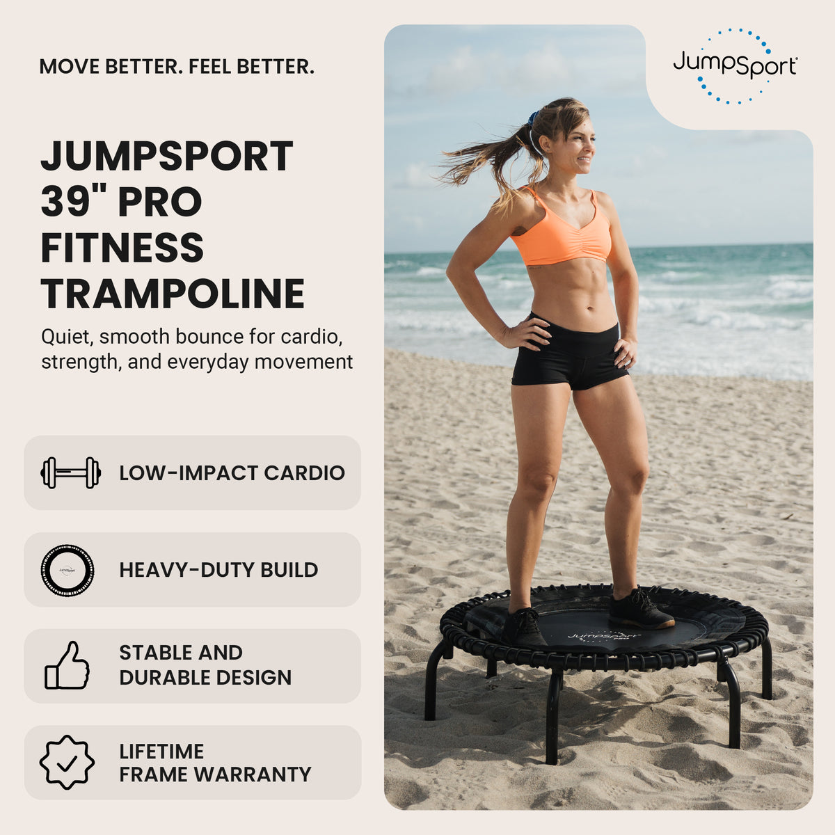 JumpSport 370 PRO Heavy Duty Lightweight 39 In Fitness Trampoline, Black (Used)