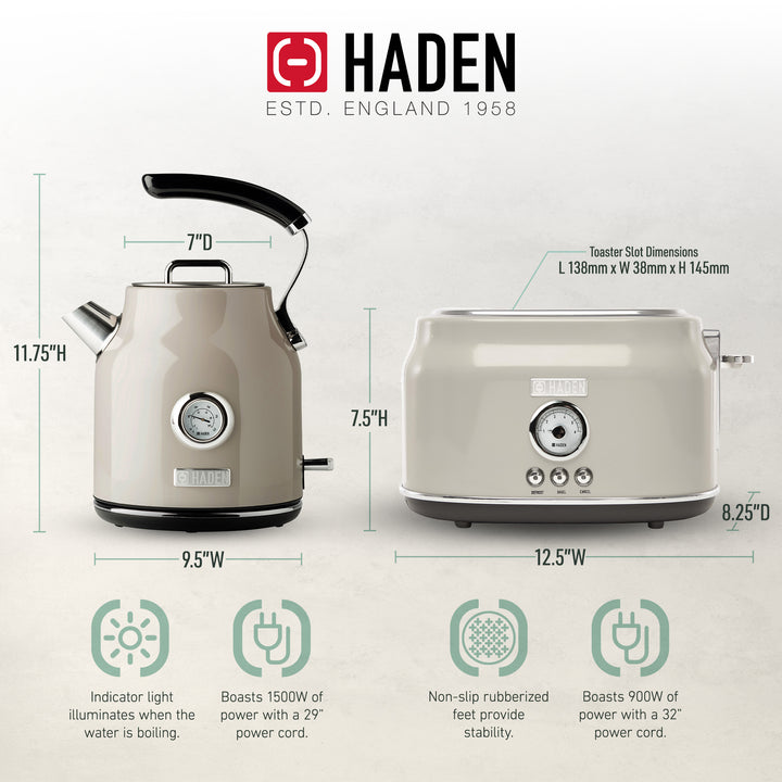 Haden Dorset 2 Slice Wide Slot Toaster & Electric Water Kettle, Putty & Chrome - VMInnovations