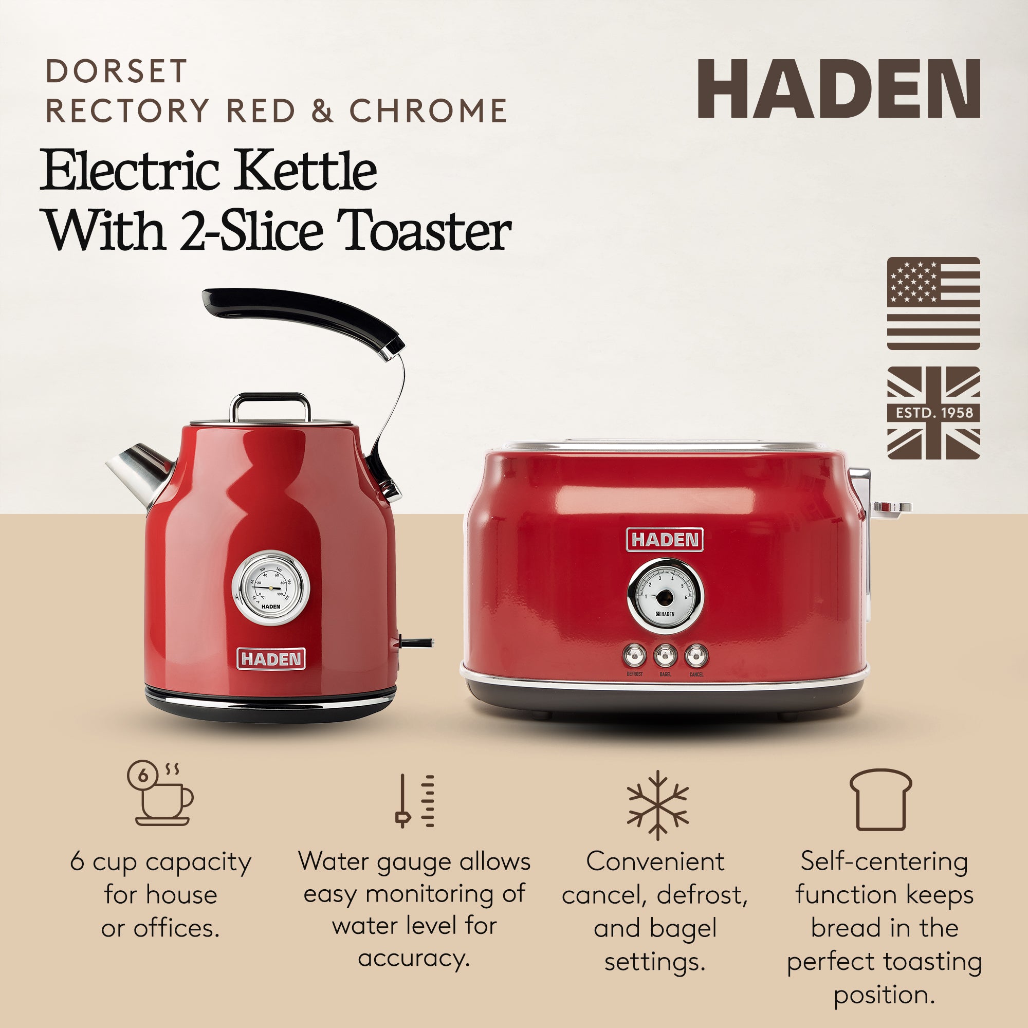 Haden Stainless Steel Retro Toaster & 1.7 Liter Stainless Steel Electric Kettle