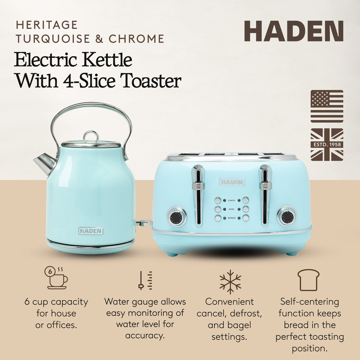 Haden Heritage 4 Slice Wide Slot Toaster & Electric Kettle, Turquoise & Chrome - VMInnovations