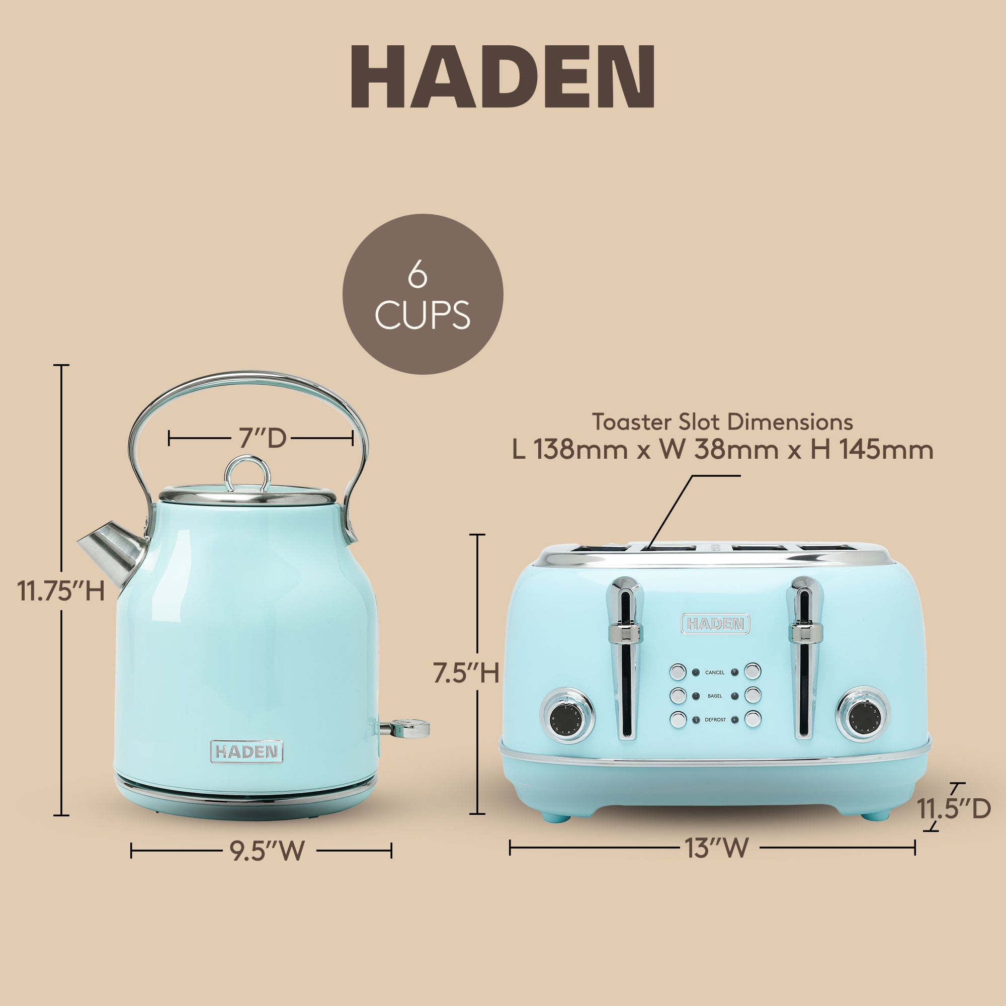 Haden Heritage 4 Slice Wide Slot Toaster & Electric Kettle, Turquoise & Chrome