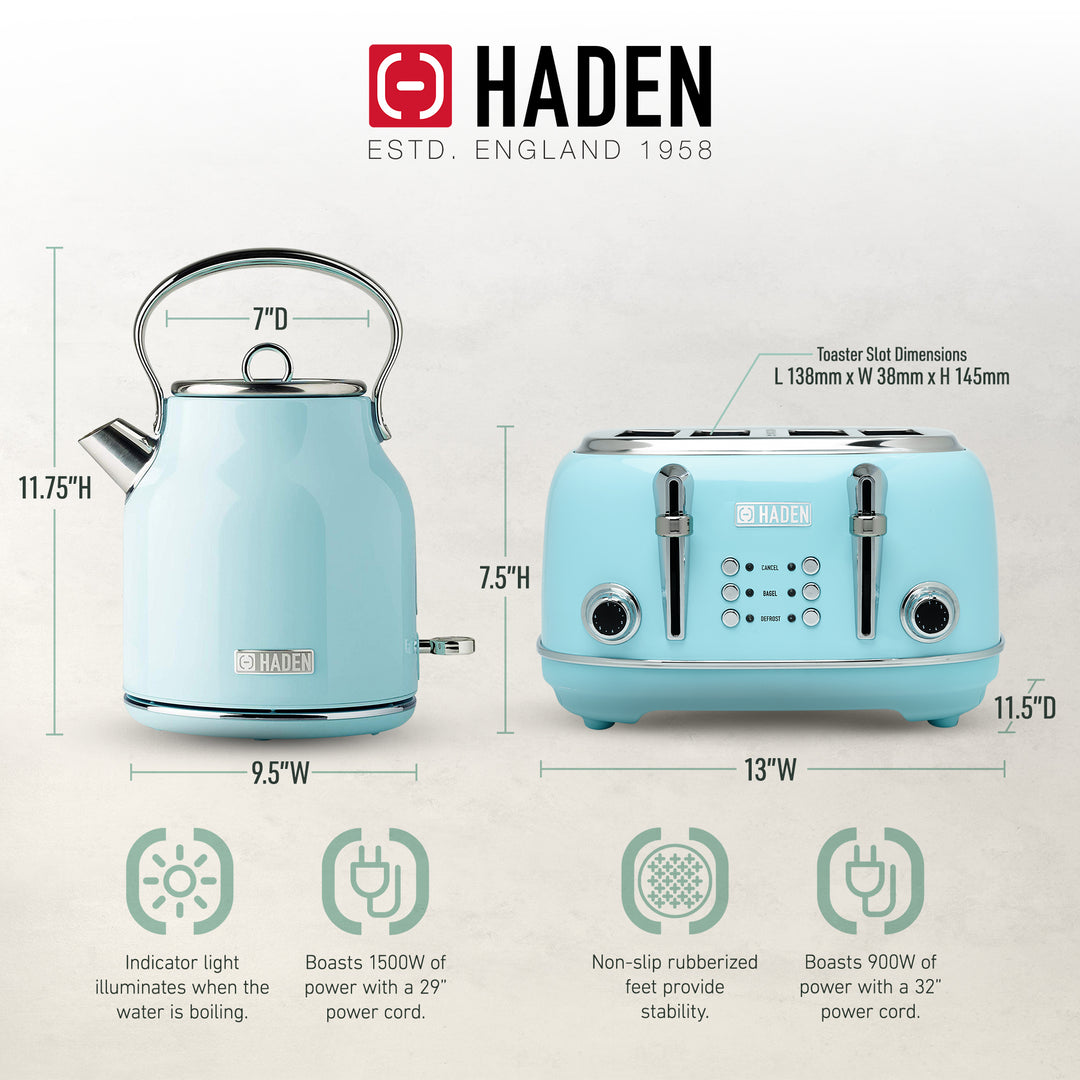 Haden Heritage 4 Slice Wide Slot Toaster & Electric Kettle, Turquoise & Chrome - VMInnovations
