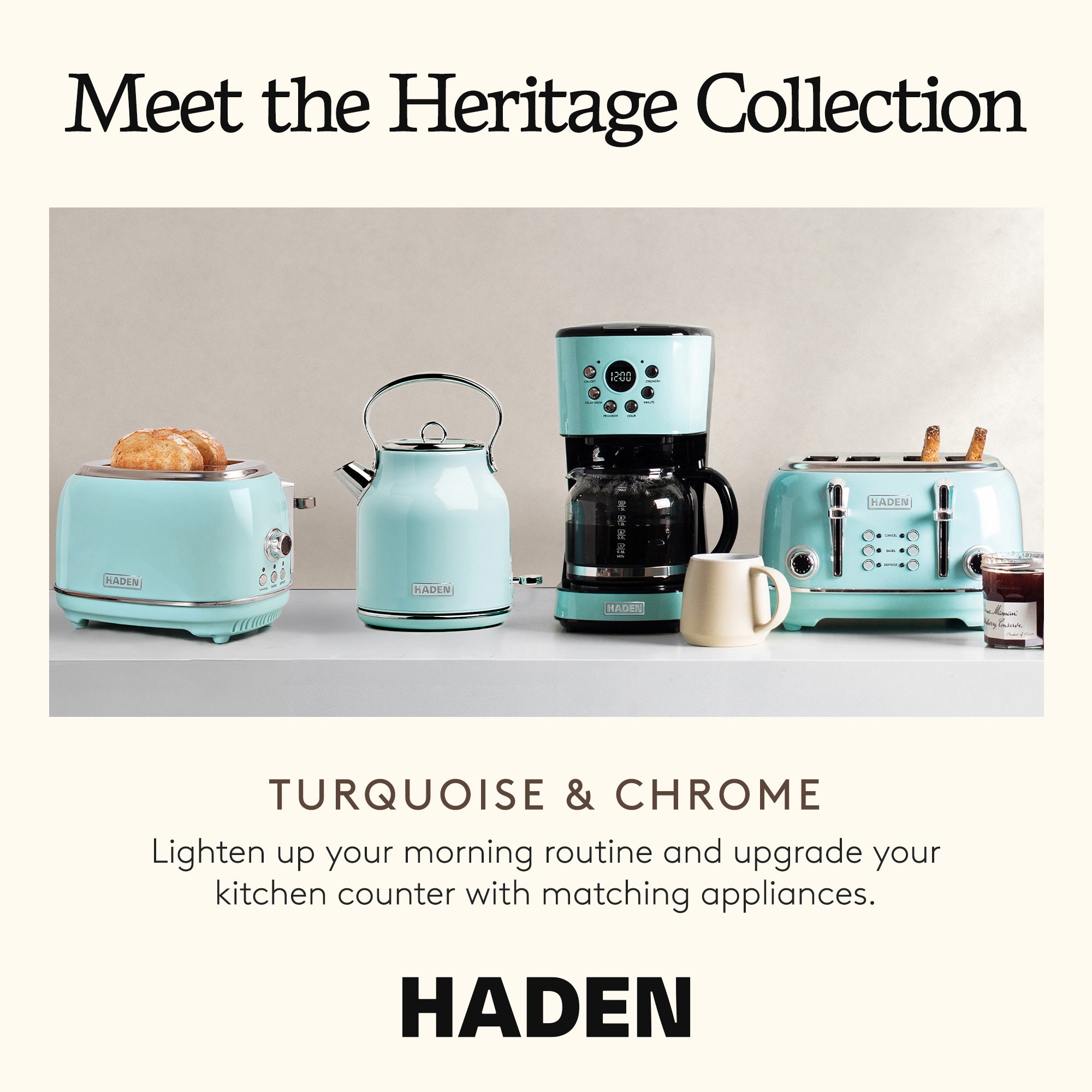 Haden Heritage 4 Slice Wide Slot Toaster & Electric Kettle, Turquoise & Chrome