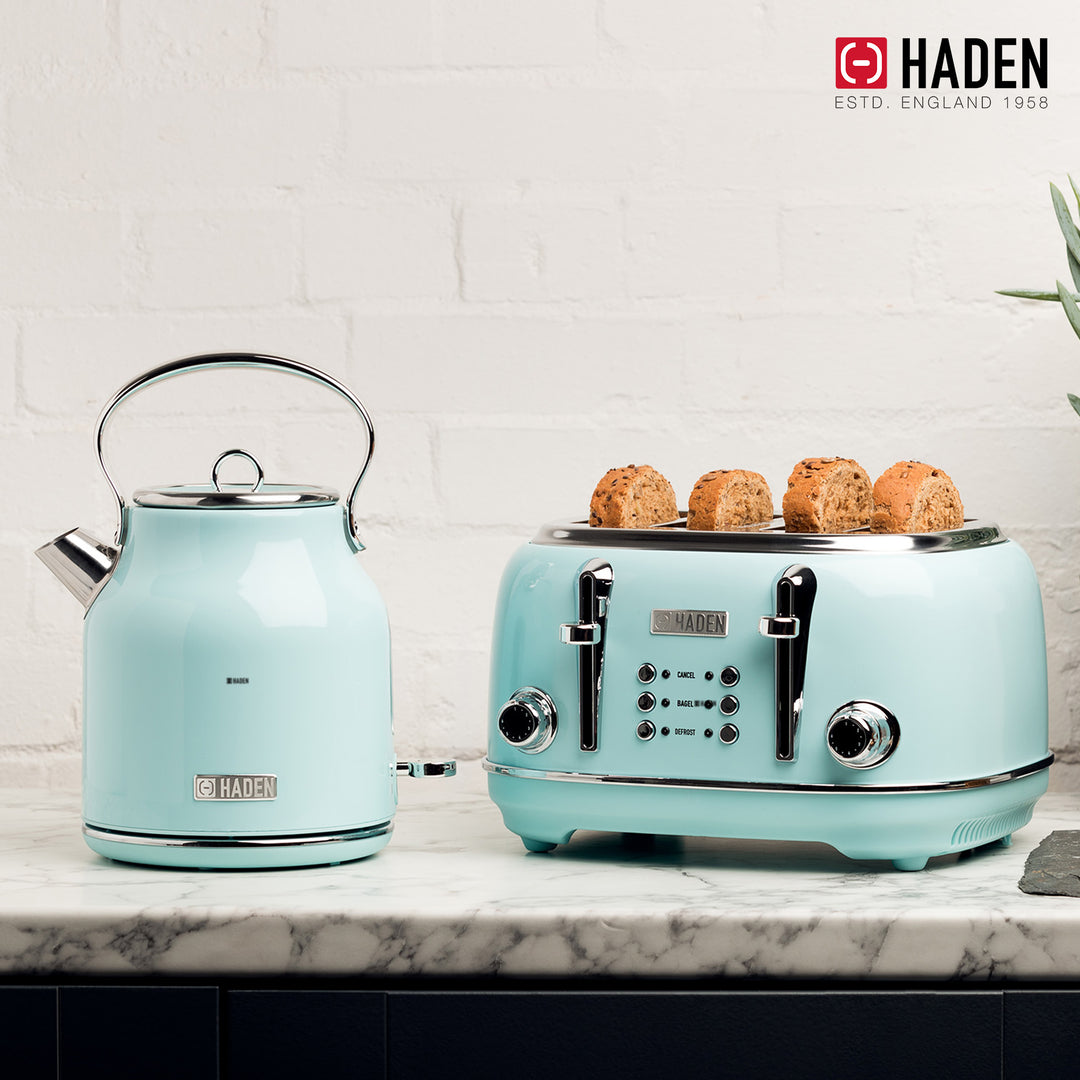 Haden Heritage 4 Slice Wide Slot Toaster & Electric Kettle, Turquoise & Chrome - VMInnovations